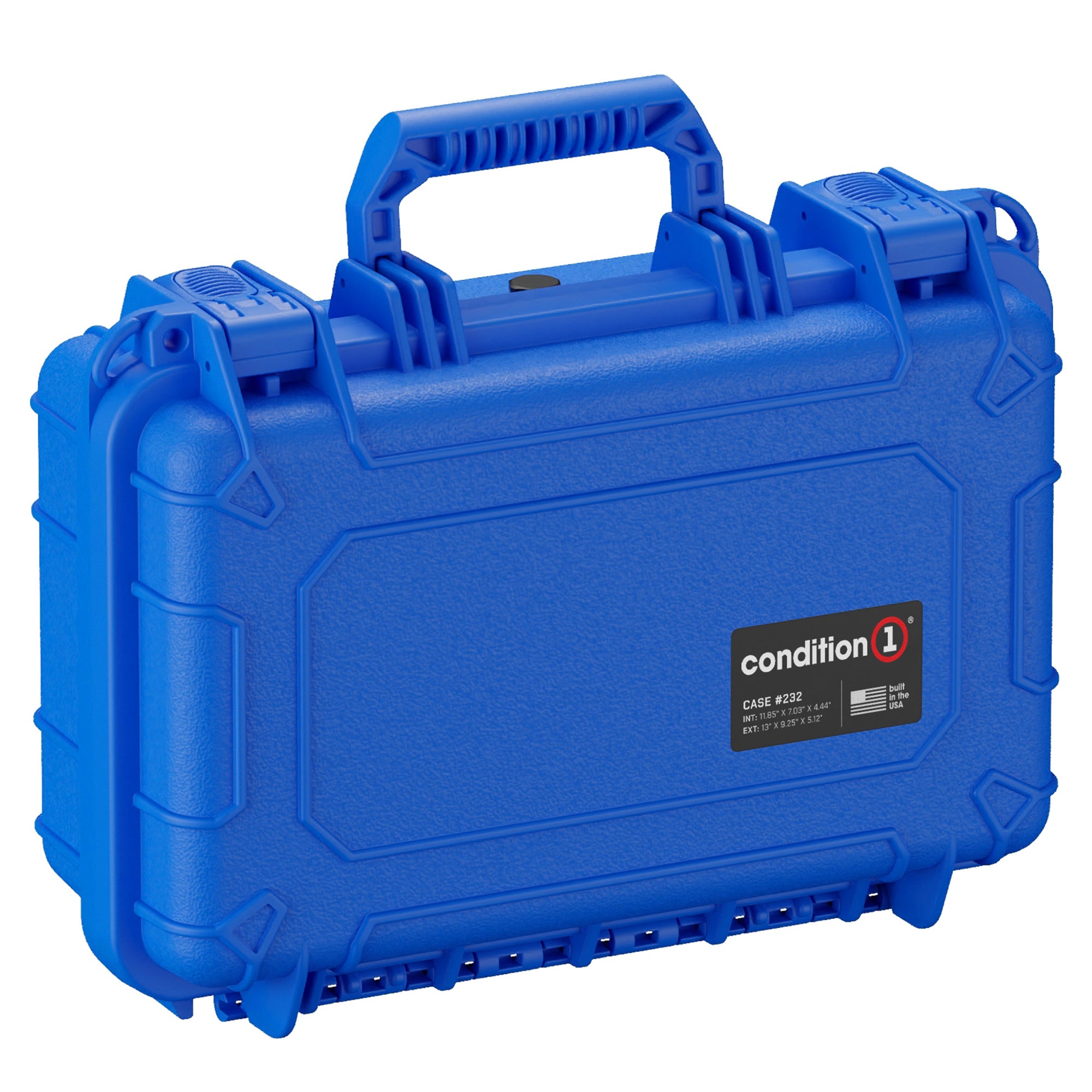 Alt text: "Vibrant blue, rugged hard case from Condition 1, model #232, featuring a sturdy handle, secure latches, and size specifications labeled on the case, ideal for protecting sensitive equipment."