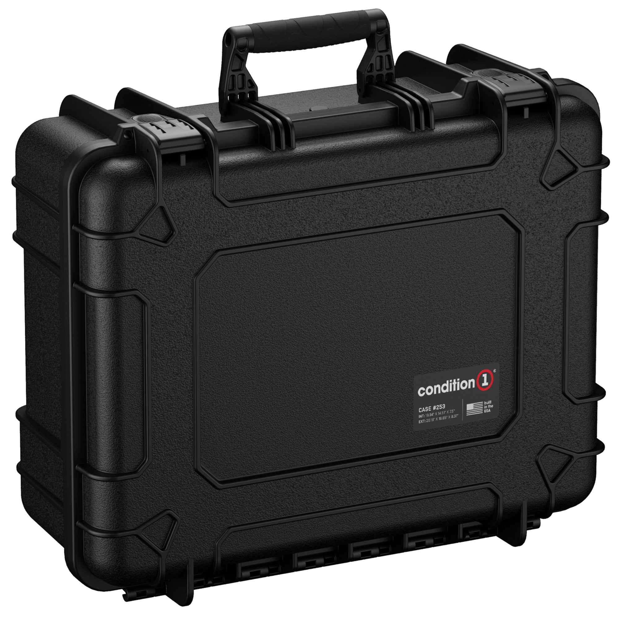 Alt Text: "Black 20-inch Condition 1 large hard case #253 with sturdy handles and secure latches, ideal for protecting valuable equipment."