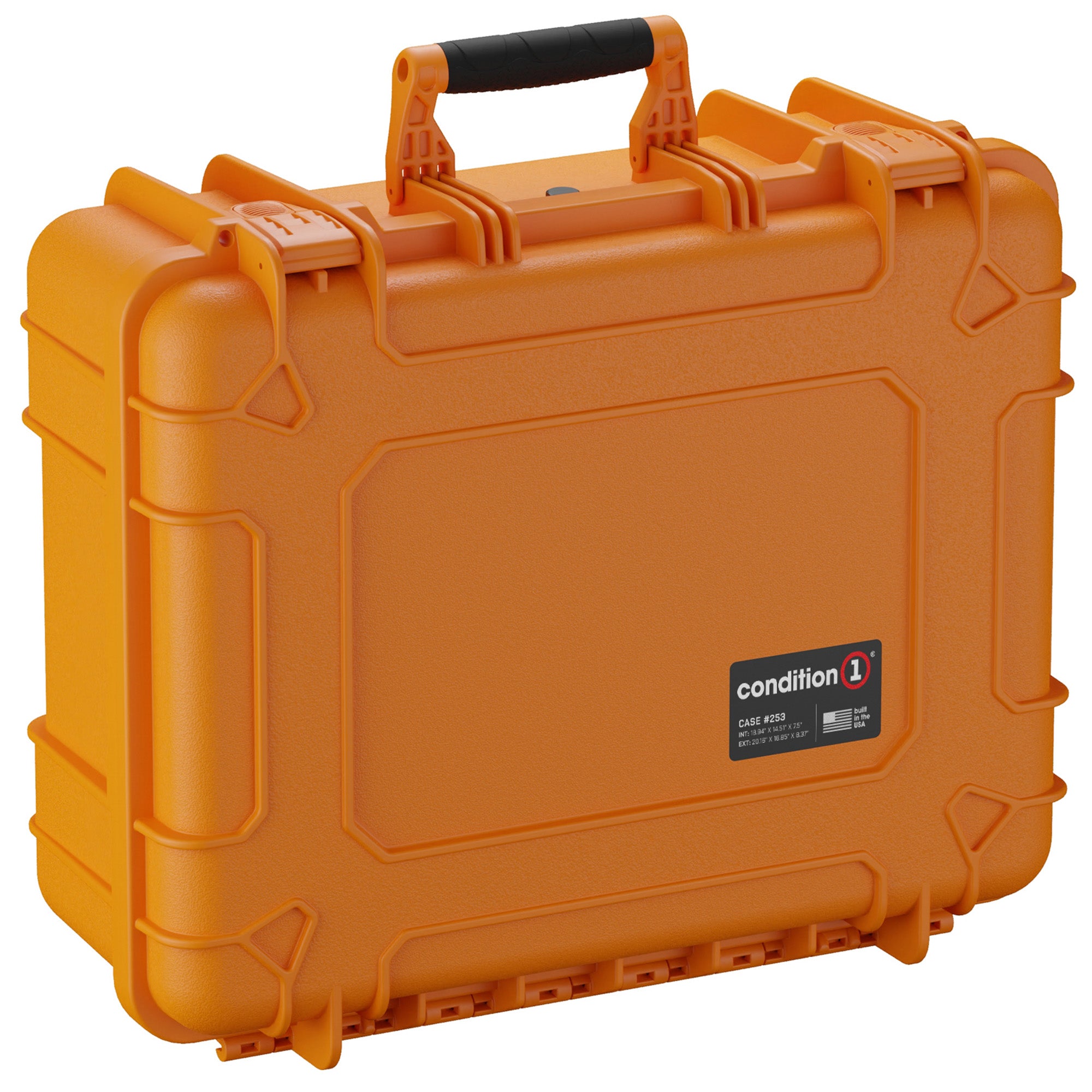 Alt text: Orange 20-inch large protective hard case with rugged exterior and black handle, labeled as "Condition 1 Case #253."