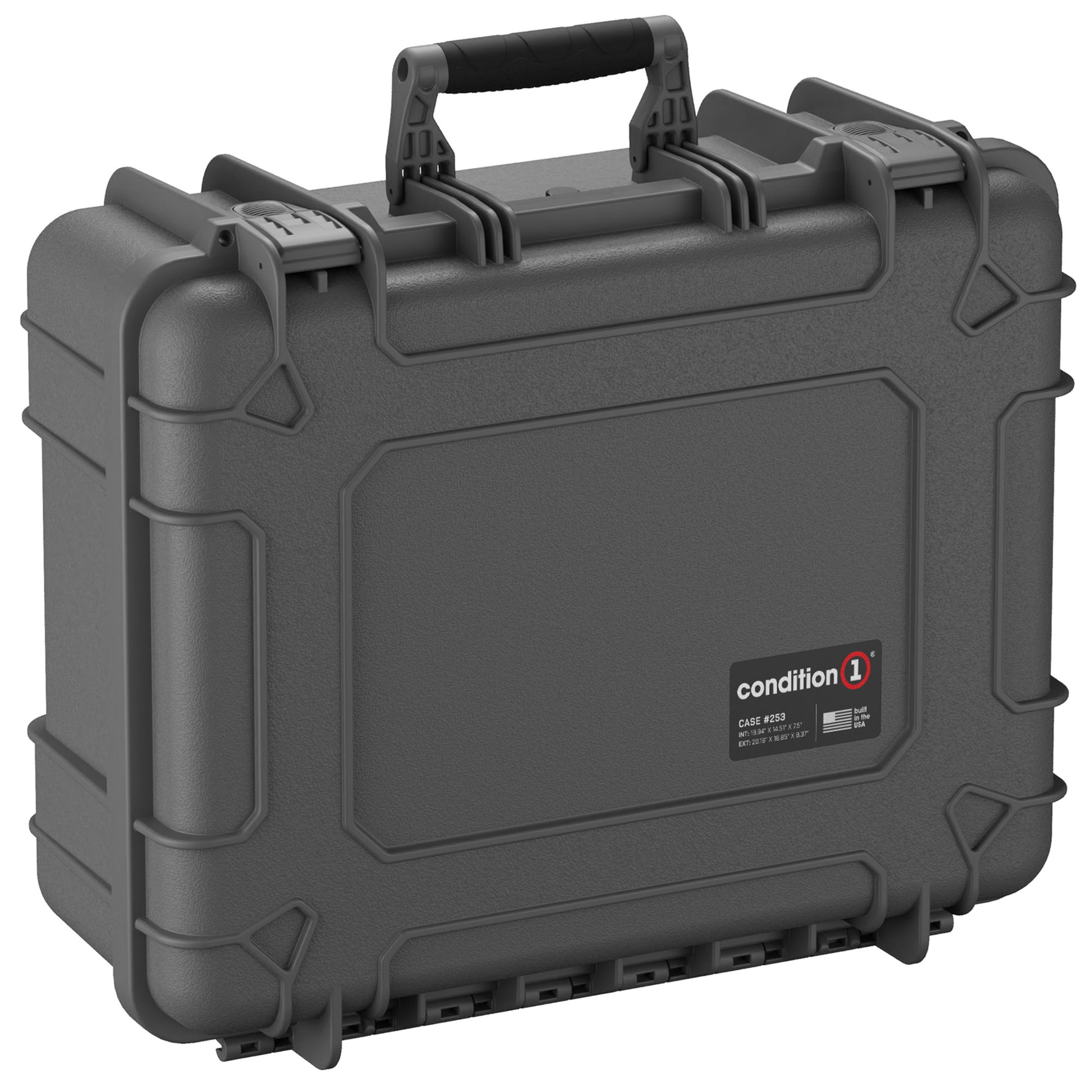 Alt text: "20-inch large, gray protective hard case, model Condition 1 Case #253, featuring robust handles and secure latches, suitable for safe transportation and storage of valuable equipment."