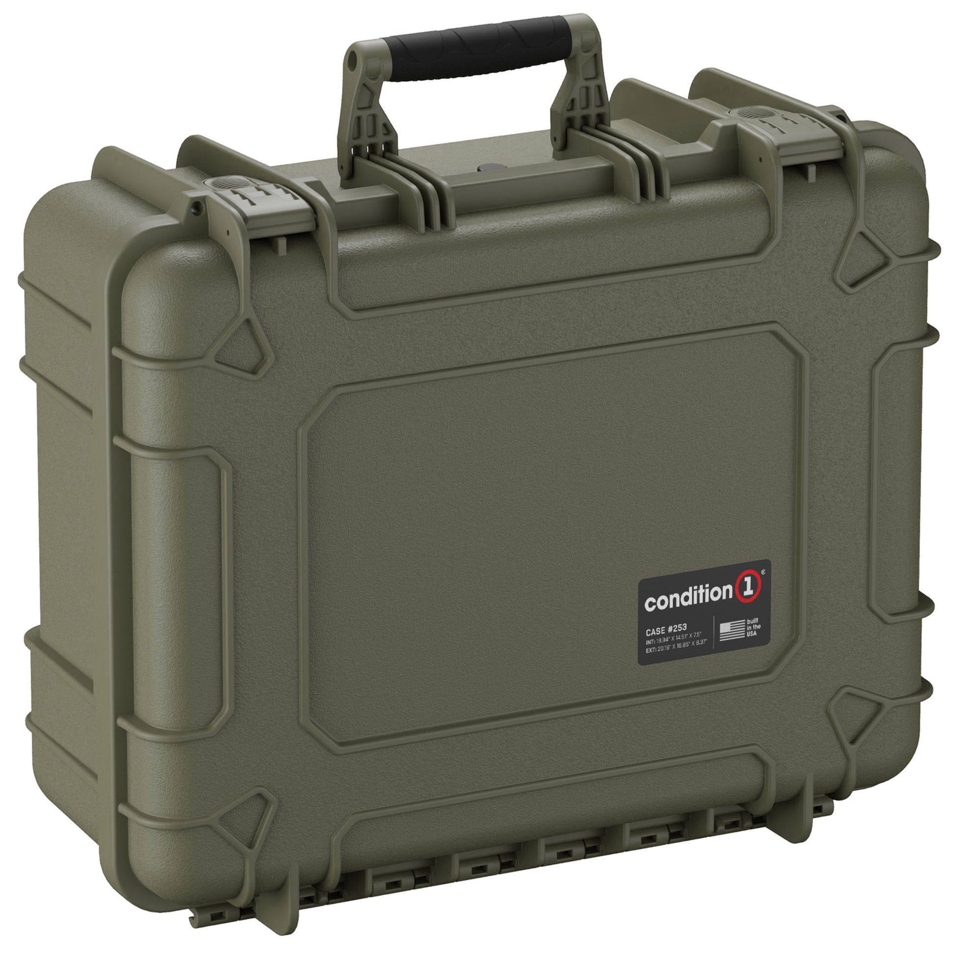 Alt text: "Olive green Condition 1 brand hard shell protective case, 20 inch large Case #253, featuring robust dual handles and reinforced corners for durability."