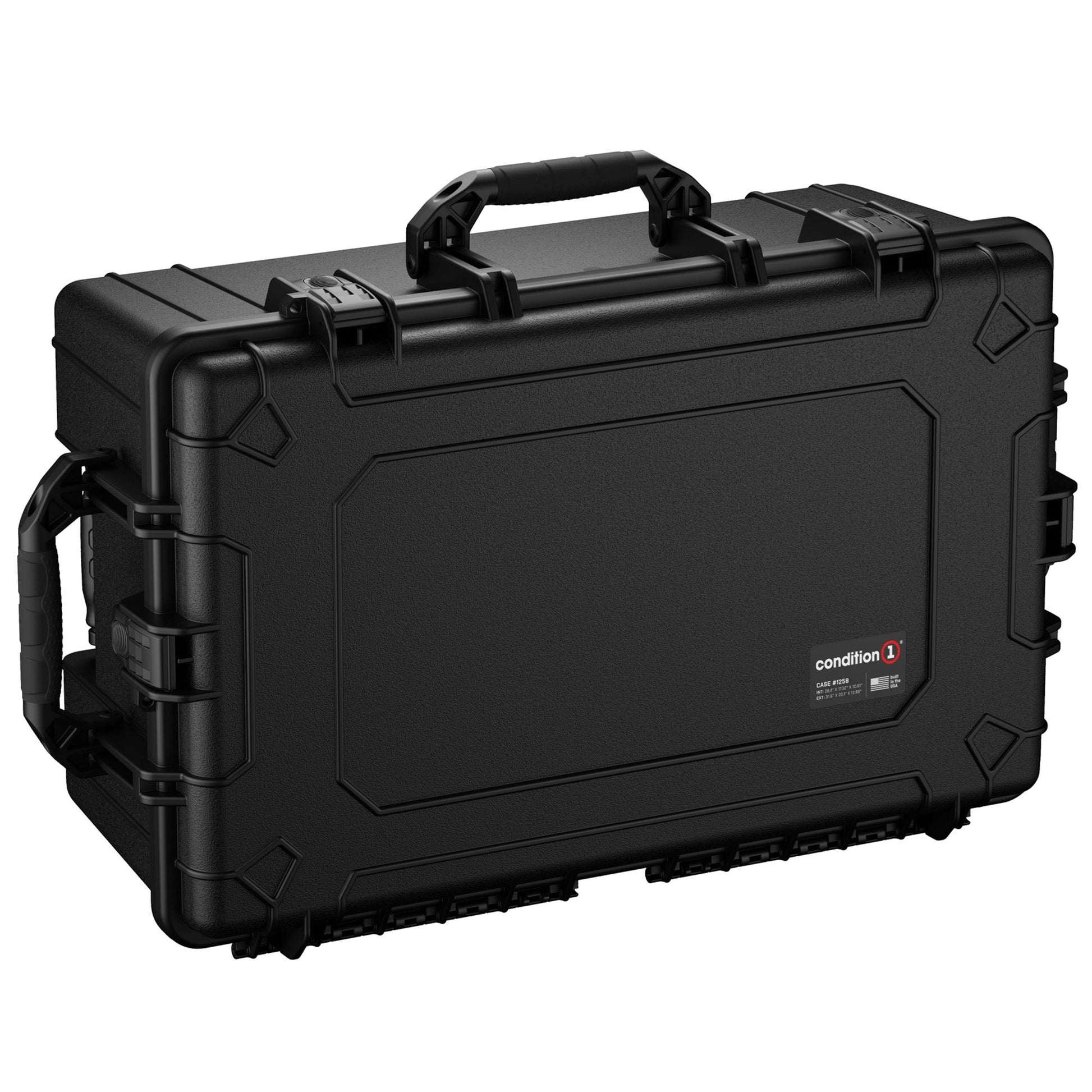 Alt text: Large black rugged hard case, 31 inches, model number 1258, featuring dual handles and heavy-duty latches, ideal for secure storage and transportation.