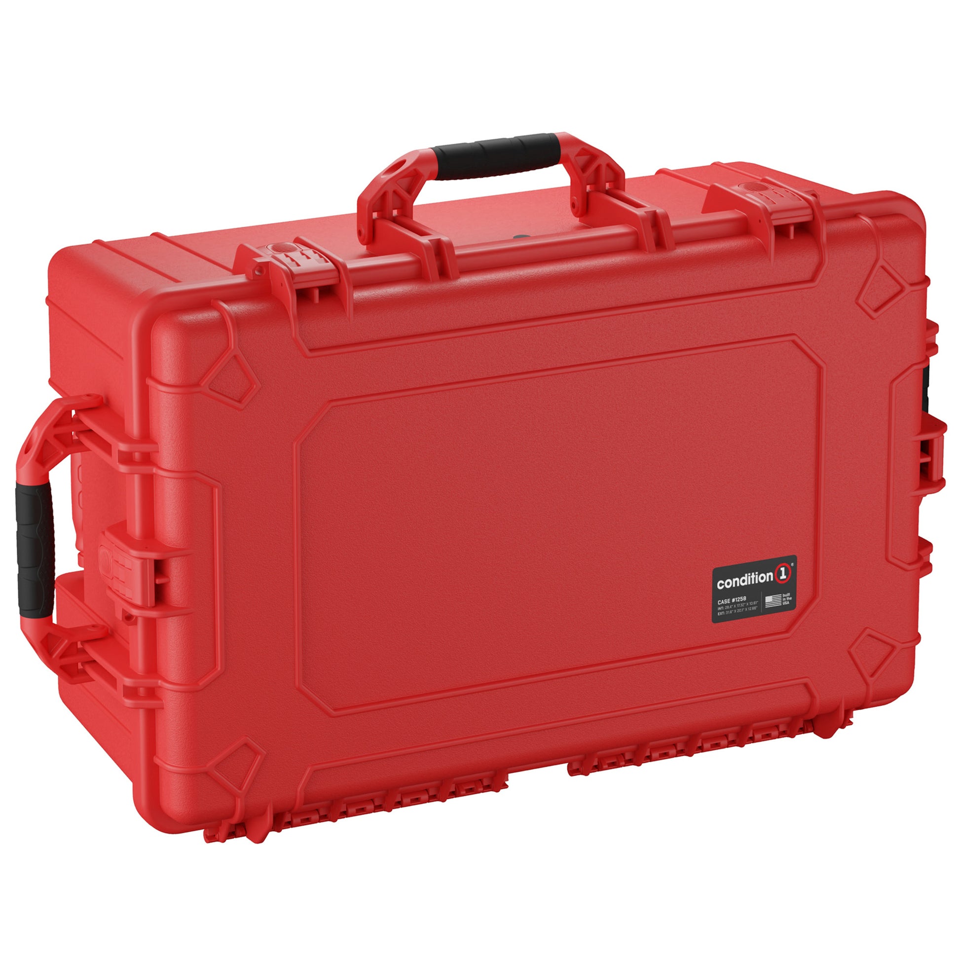 Alt text: "Red Condition 1 hard pistol case, model #1258, measuring 31 inches, designed for storing up to 18 pistols, featuring dual black handles and rugged exterior."