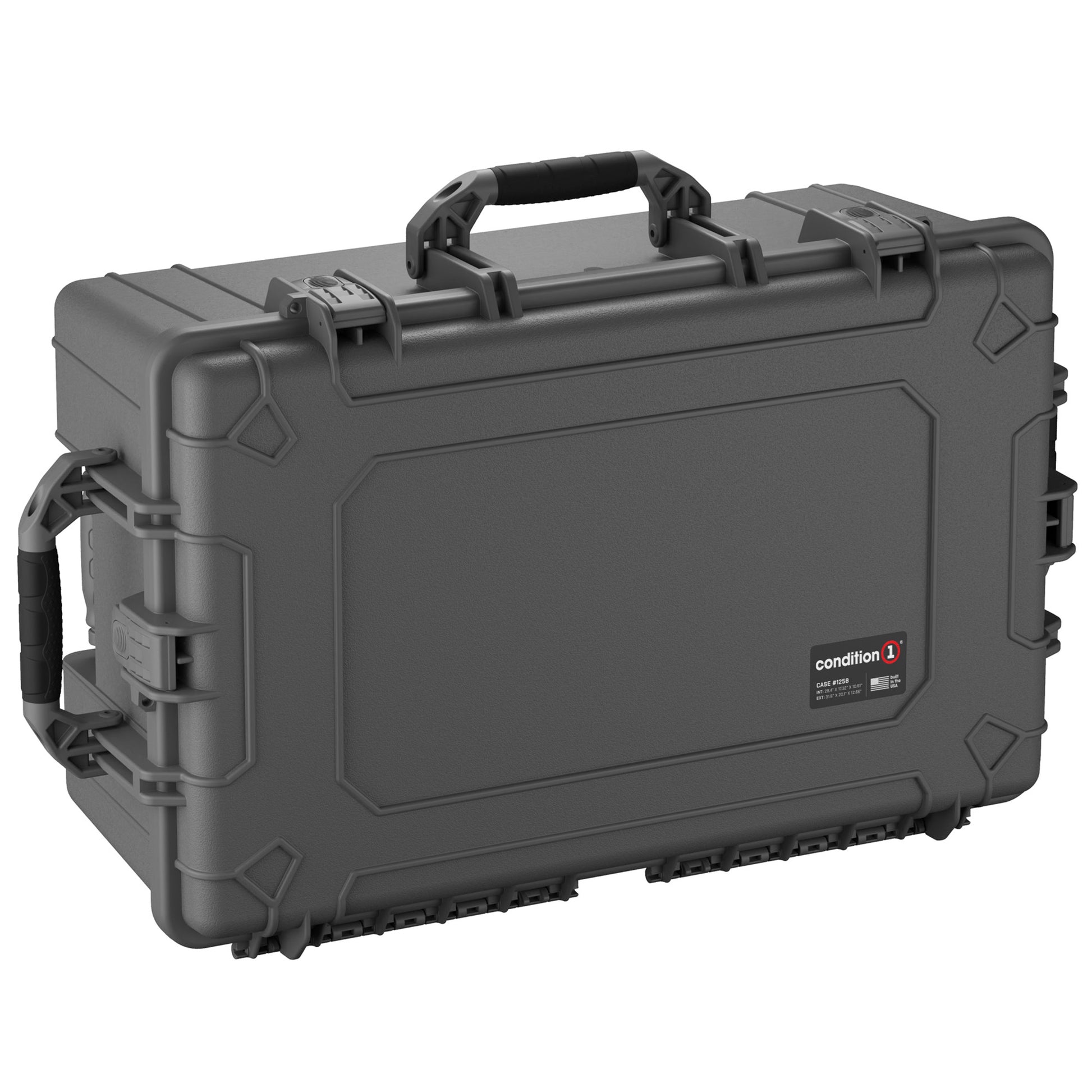 Alt text: "Gray Condition 1 hard pistol case, model #1258, 31 inches, featuring a rugged design with reinforced corners, dual black handles, and locking clasps for secure storage and transport of up to 18 pistols."