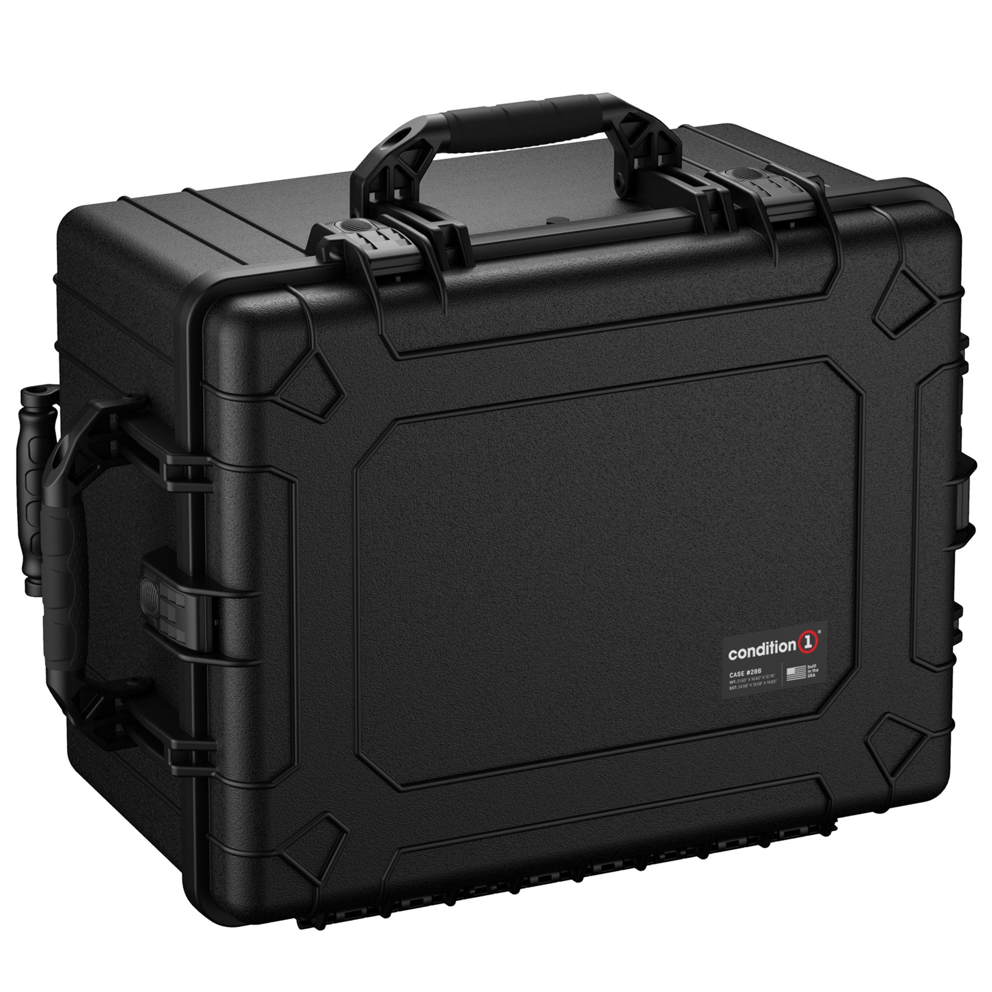 Alt text: "Black 25-inch Condition 1 protective hard case #286, featuring durable handles and secure latch closures, designed for robust equipment protection."
