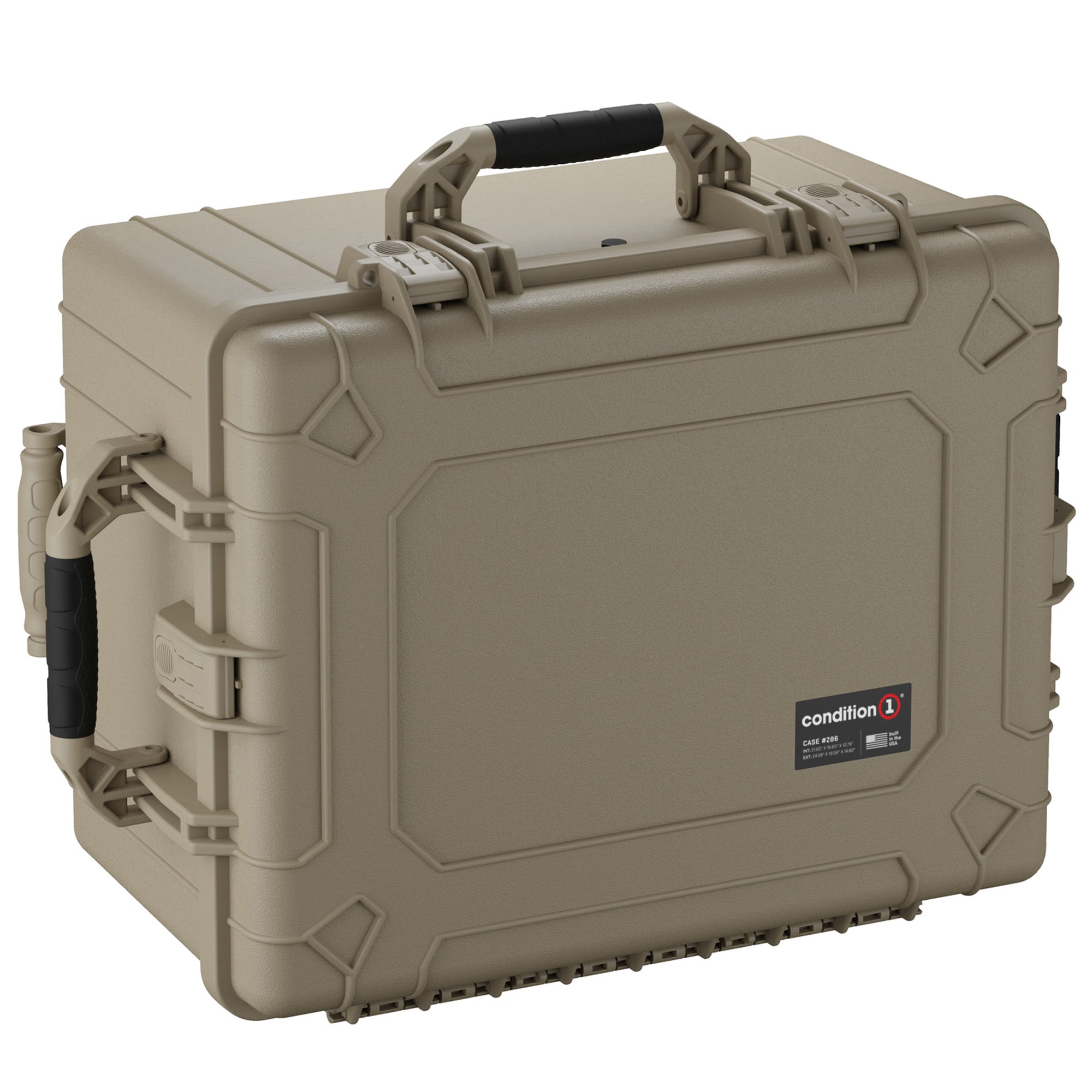 Alt text: "Condition 1 large 25-inch hard case in desert tan color, featuring durable latches, a rugged handle, and reinforced corners for optimal protection."