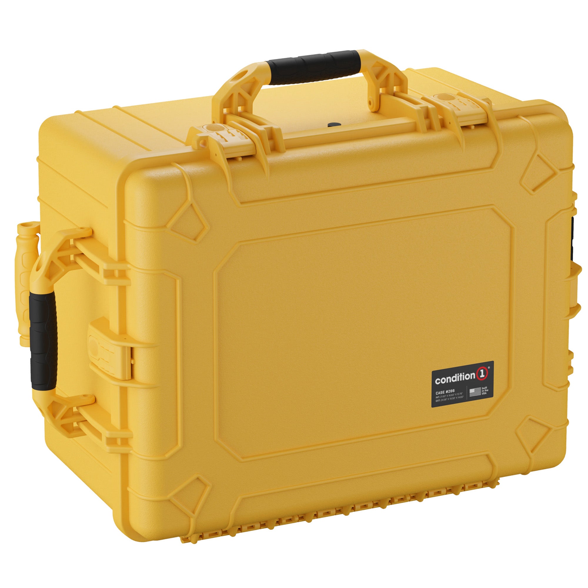 Yellow 25-inch large protective case with black handle and secure latches, designed for durable storage and transport.