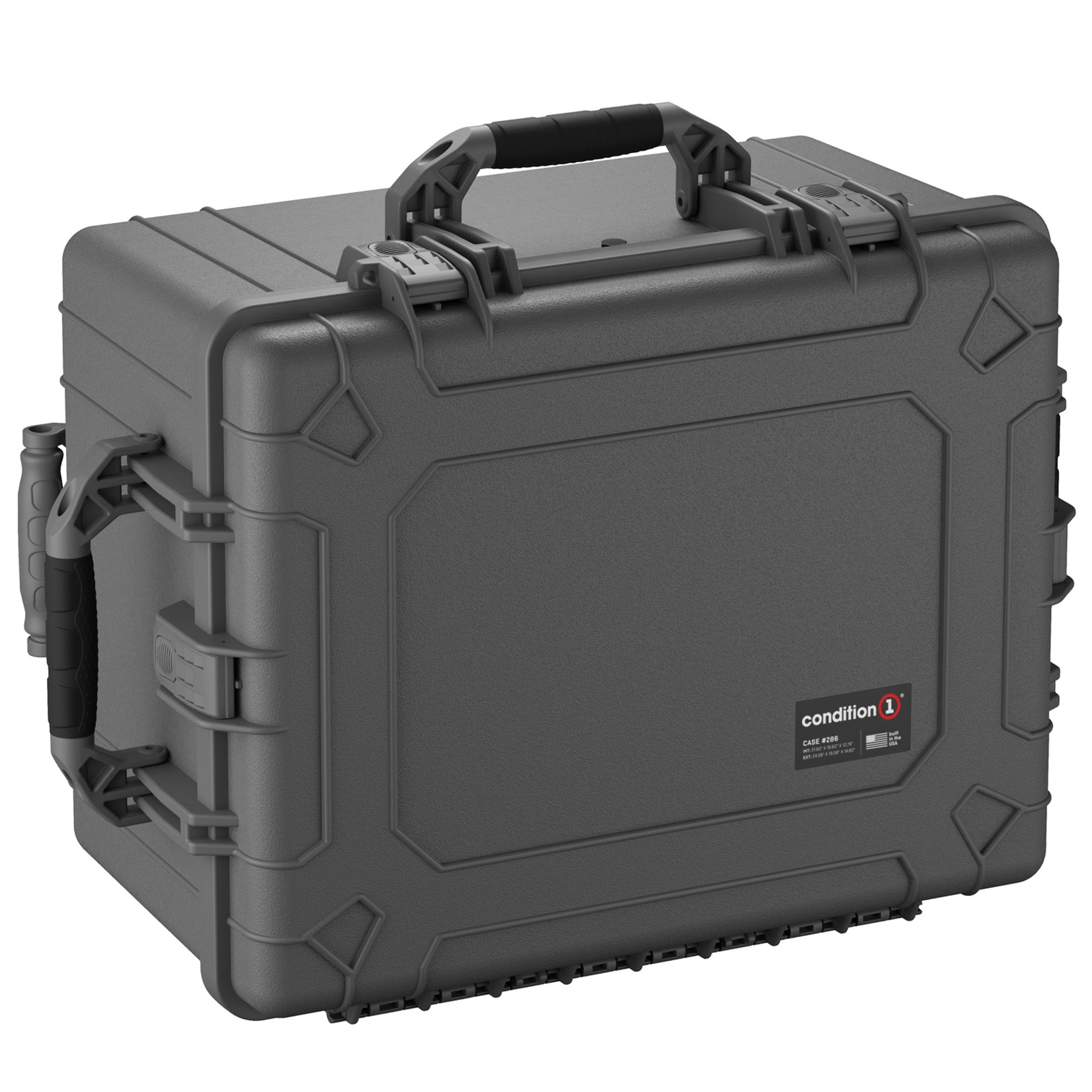 Alt text: "Gray Condition 1 brand hard shell protective case, model #286, featuring robust handles and secure latches, designed for durable and reliable storage of sensitive equipment."
