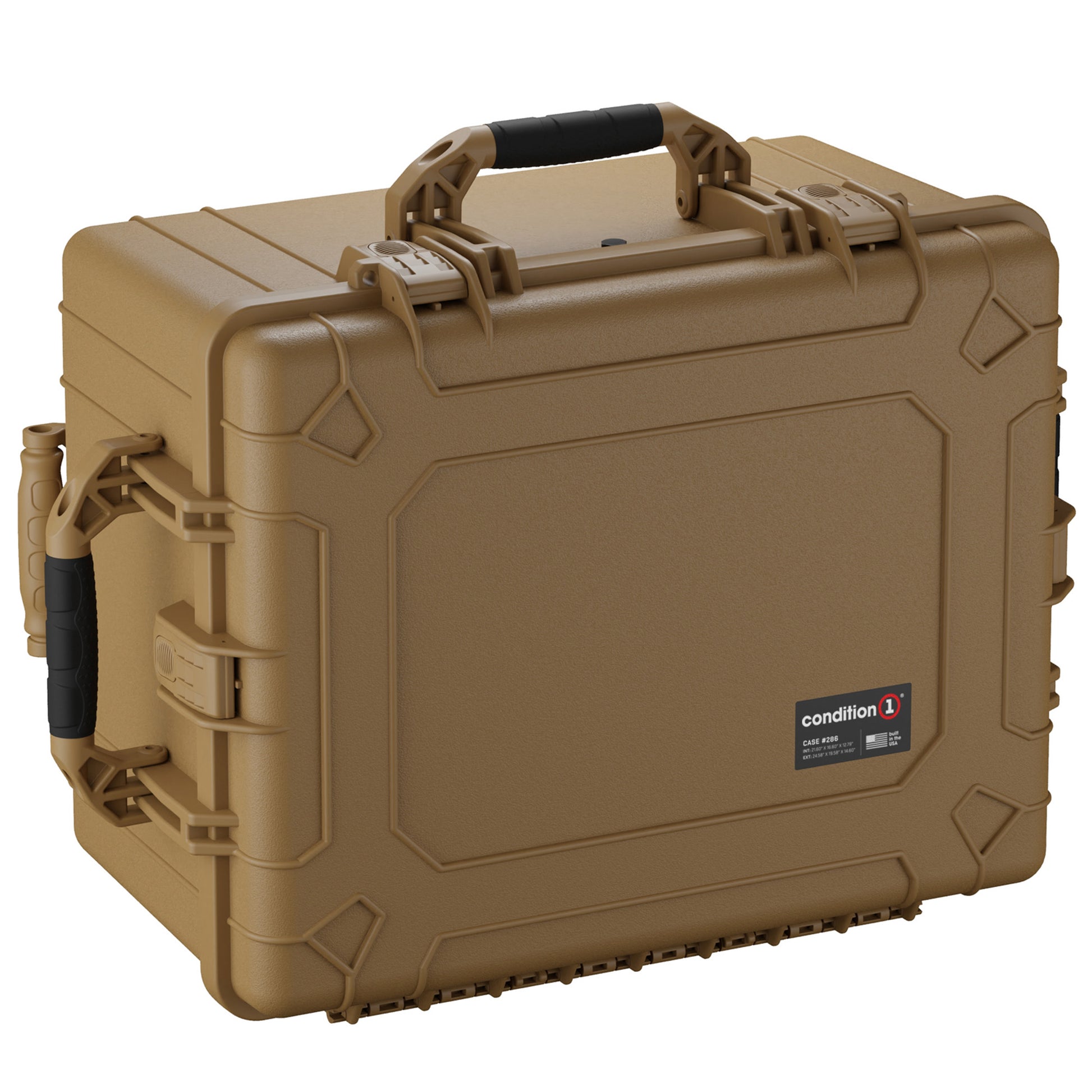 Alt text: 25-inch large rugged tan protective case with sturdy dual latches and a comfortable handle, designed for secure and durable storage, featuring reinforced corners and a padded interior, labeled as "Condition 1 Case #286".