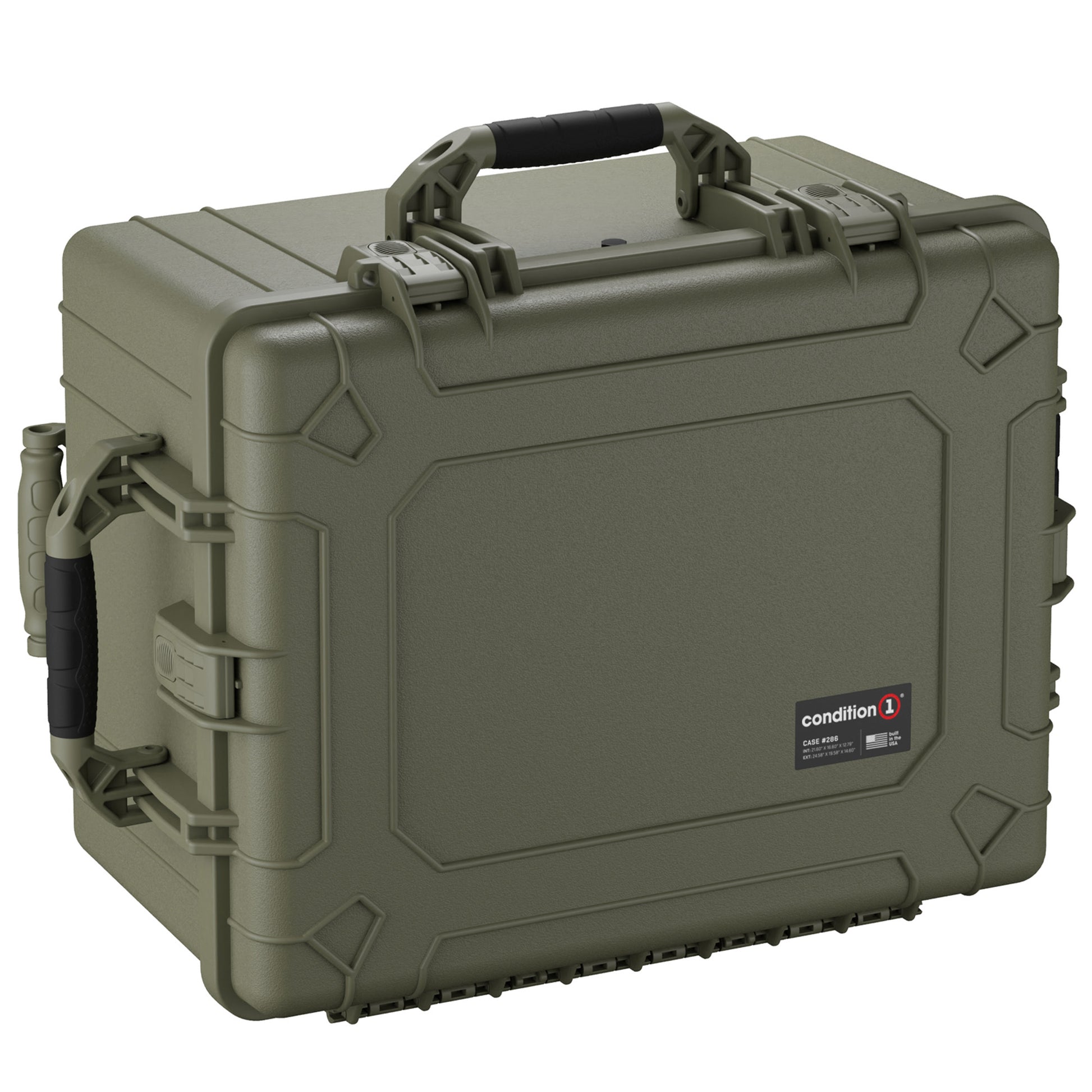 Alt text: "Olive green, rugged 25-inch protective hard case by Condition 1, model #286, featuring a durable handle, reinforced corners, and secure latches for enhanced safety and portability."