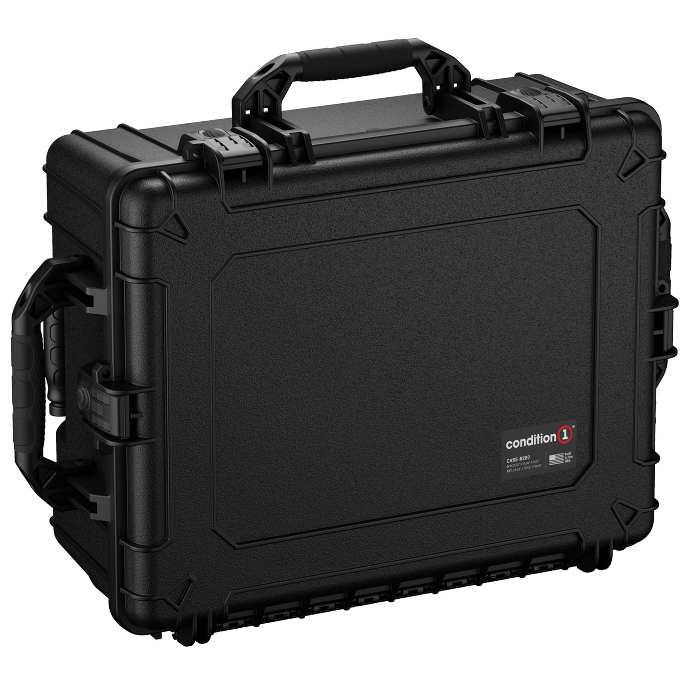 Alt text: "Condition 1 brand black protective hard case, model number 287, measuring 25 inches, featuring durable handles and secure latches, designed for safe equipment storage and transport."