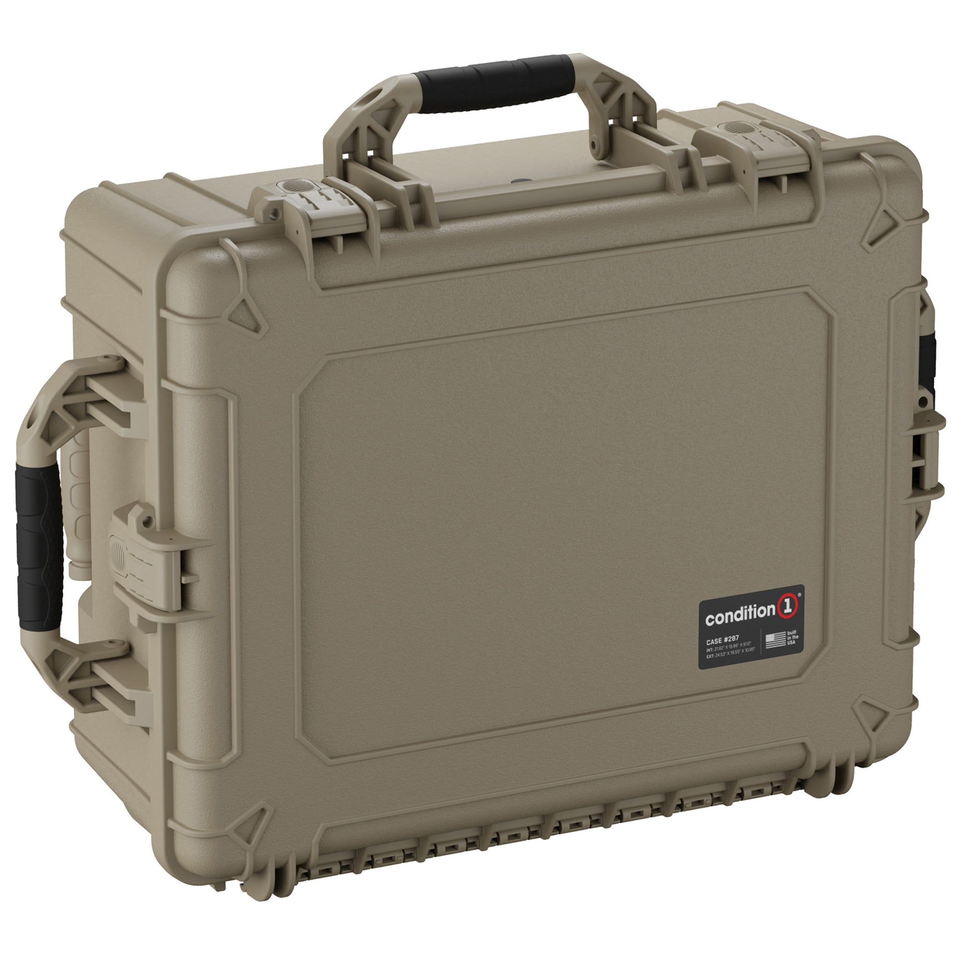 Alt text: "Heavy-duty, tan-colored, 25-inch Condition 1 hard case (Case #287) featuring rugged exterior with reinforced corners, multiple locking clasps, and a comfortable handle for portability."