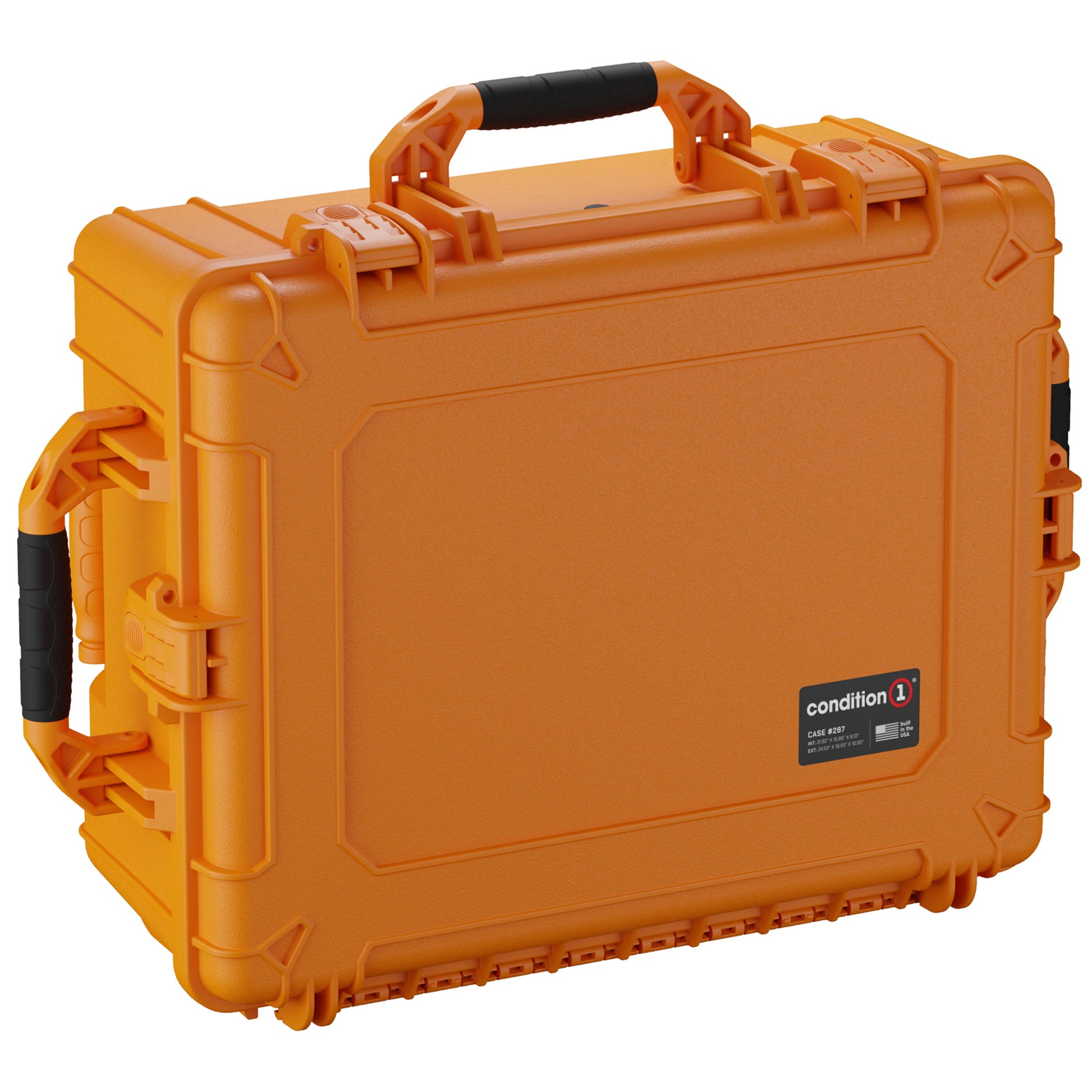 Alt text: Bright orange, durable hard case from Condition 1, model #287, featuring robust handles and secure lock latches, ideal for protective storage and transportation of equipment.