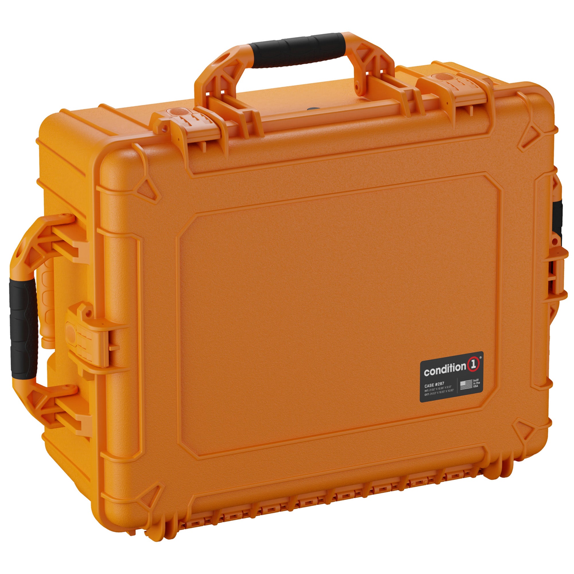 Alt text: Bright orange, durable hard case from Condition 1, model #287, featuring robust handles and secure lock latches, ideal for protective storage and transportation of equipment.