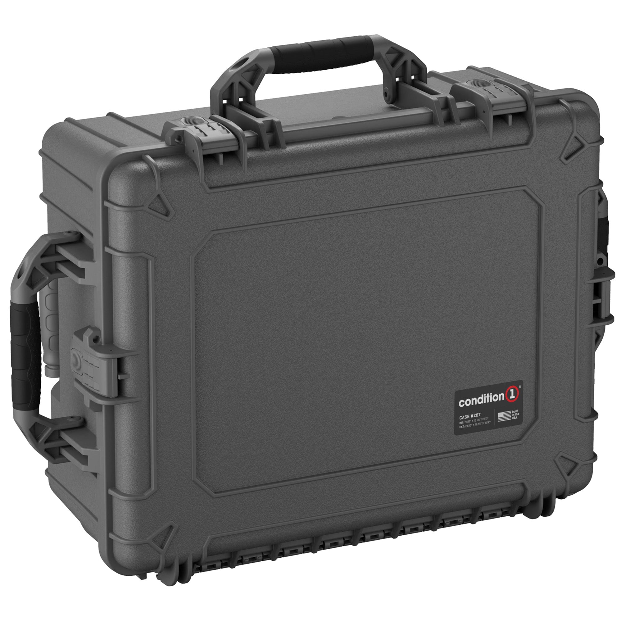 Alt text: Large, durable gray protective case with a rugged design, featuring reinforced corners, a sturdy handle, and secure latches, labeled as Condition 1 Case #287.