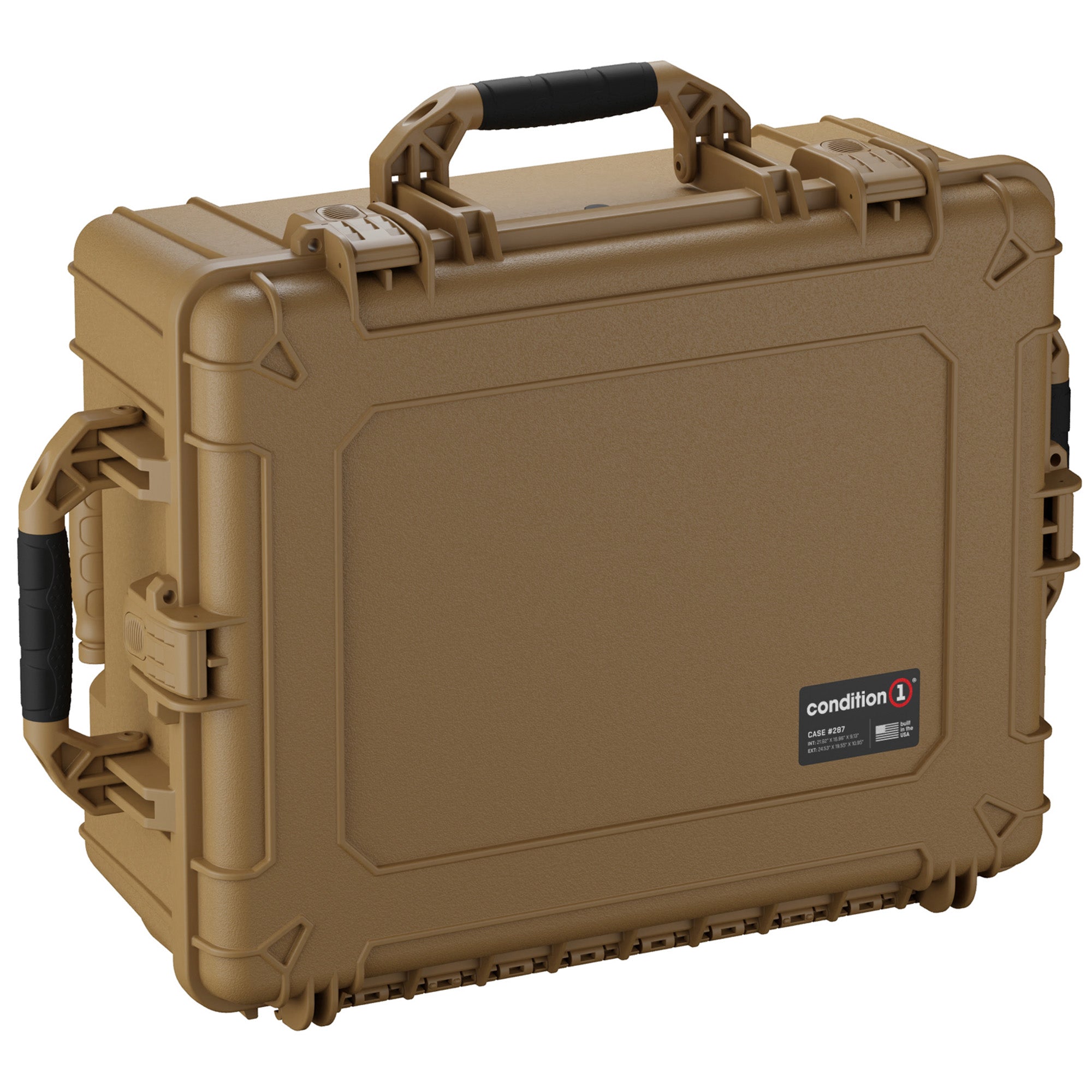 Alt text: "Condition 1 brand large tan protective hard case, model #287, featuring a durable handle and heavy-duty latches, ideal for securing and transporting sensitive equipment."