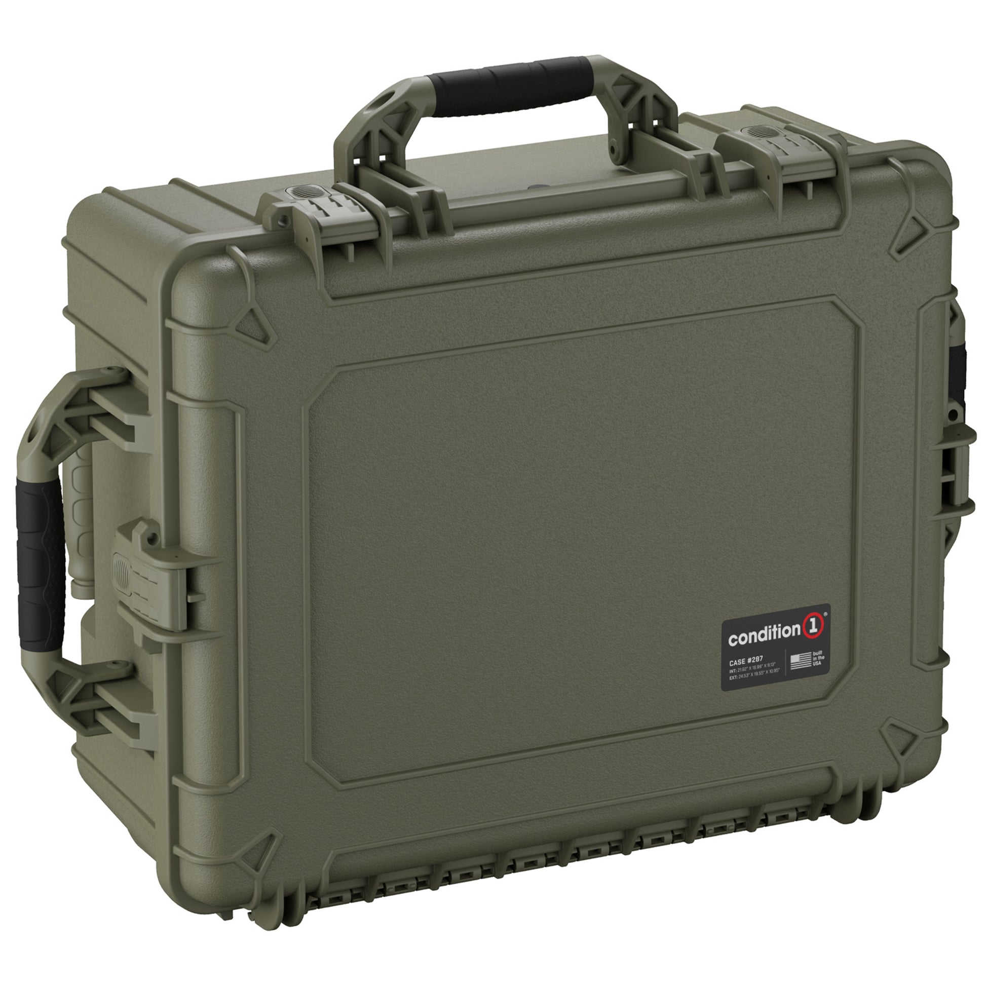 Alt text: "Large 25-inch olive green hard protective case, model #287, featuring robust handles, durable latches, and reinforced corners for extra security."