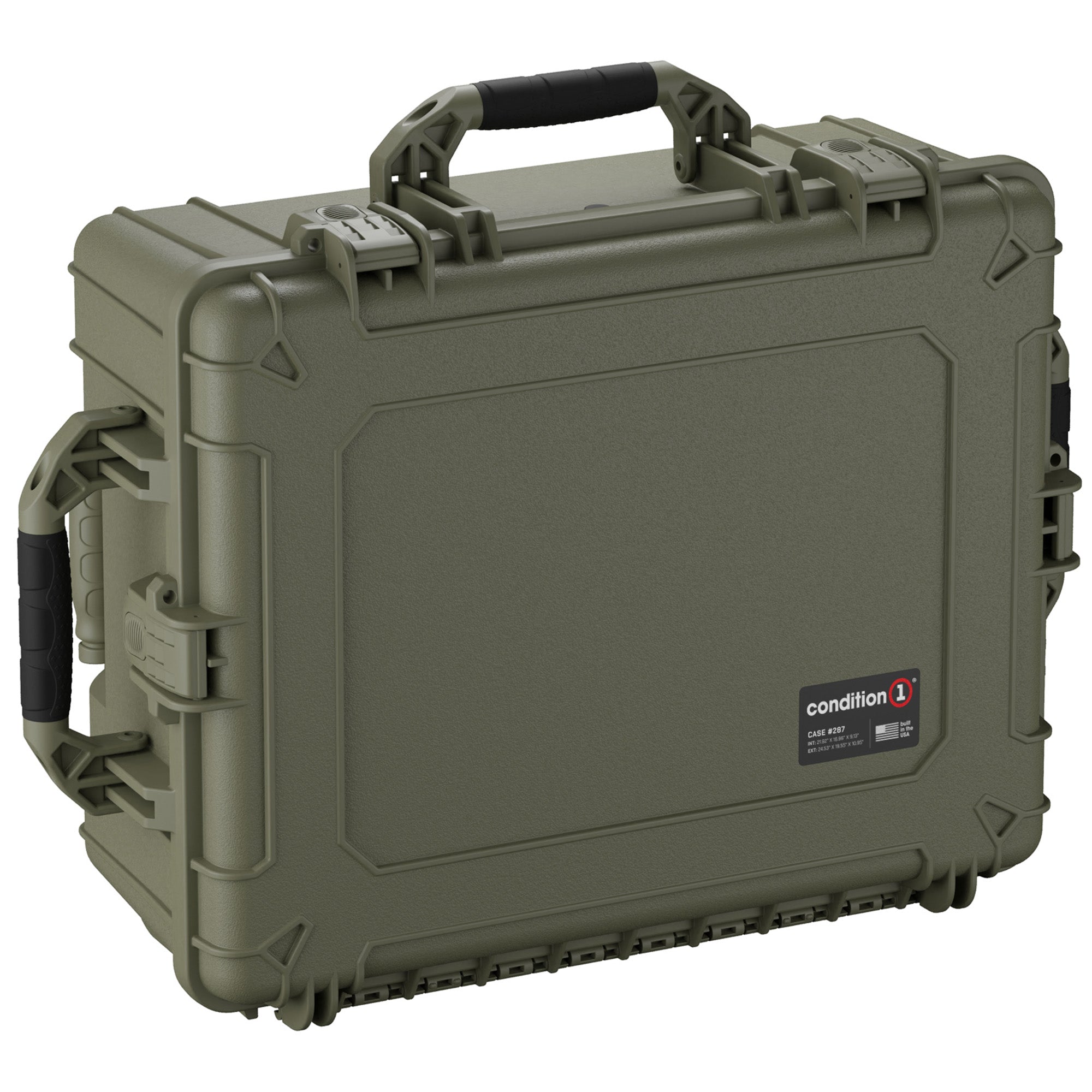 Alt text: "Large 25-inch olive green hard protective case, model #287, featuring robust handles, durable latches, and reinforced corners for extra security."