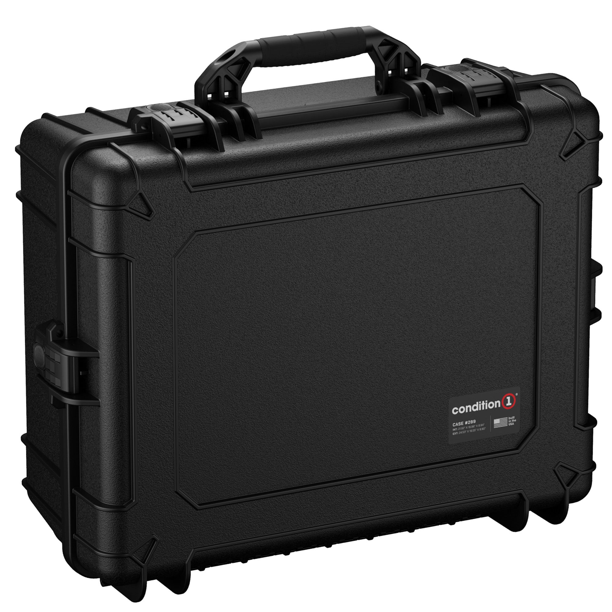 Alt text: "Black Condition 1 hard protective case, model #289, measuring 25 inches, featuring robust handles and secure latches, designed for durable and waterproof protection of equipment."