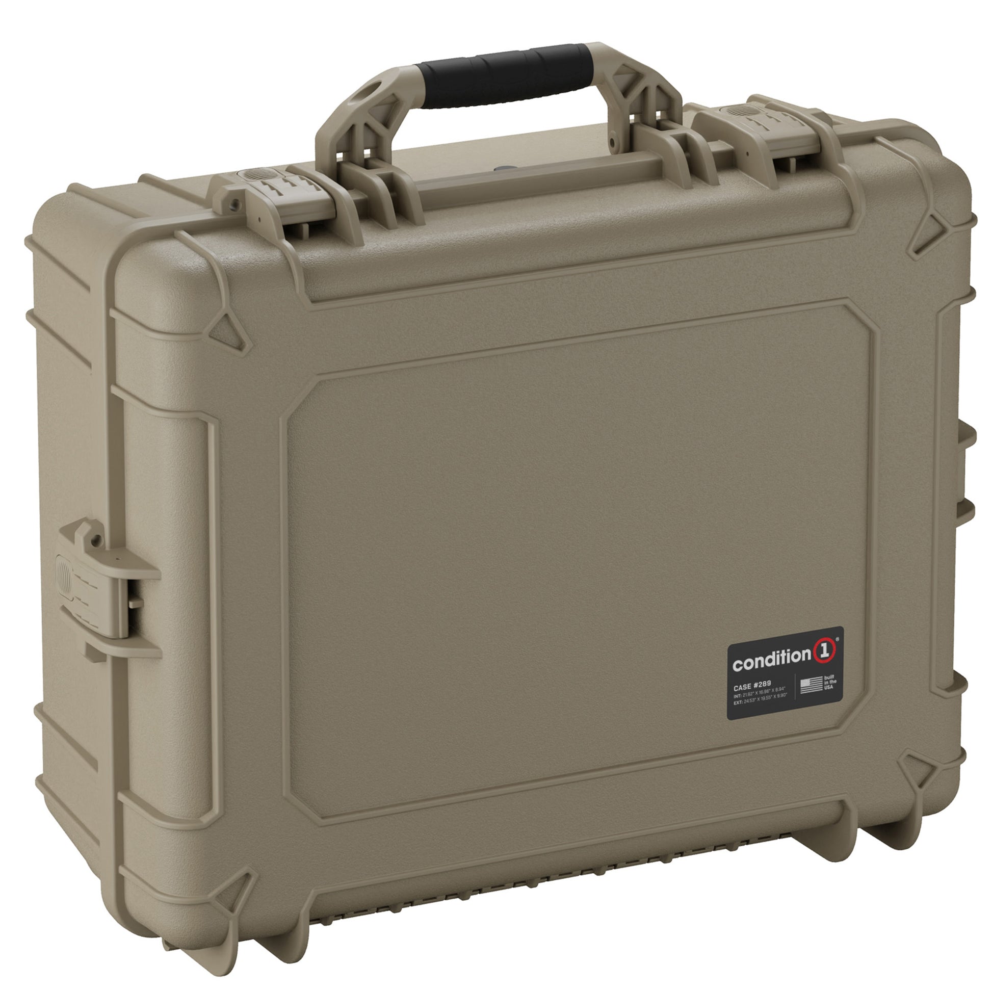 Alt text: "25-inch large, durable hard case in military green, featuring heavy-duty latches, a robust handle, and reinforced corners, labeled 'Condition 1 Case #289'."