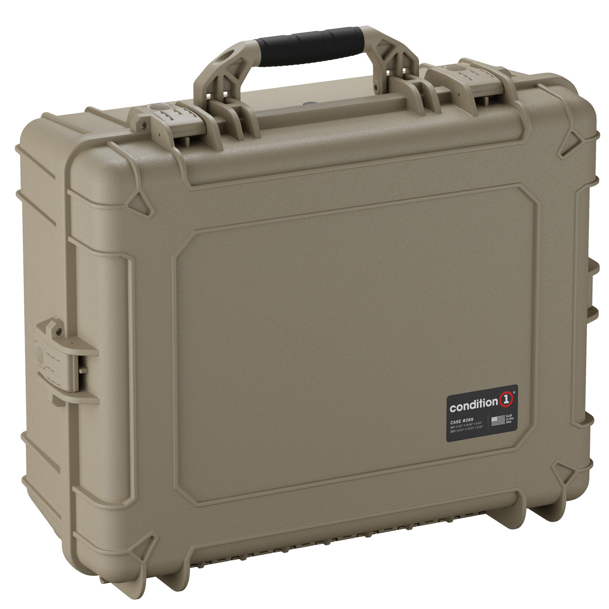 Alt text: "25-inch large, durable hard case in military green, featuring heavy-duty latches, a robust handle, and reinforced corners, labeled 'Condition 1 Case #289'."
