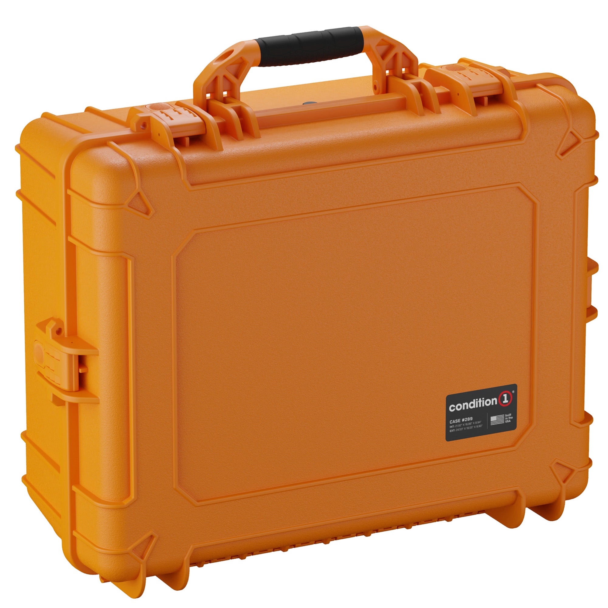 Alt text: "Bright orange Condition 1 hard case, model #289, featuring a durable exterior with protective ridges and two locking clasps, complete with a black handle for easy transportation, providing secure storage and transport for valuable equipment."