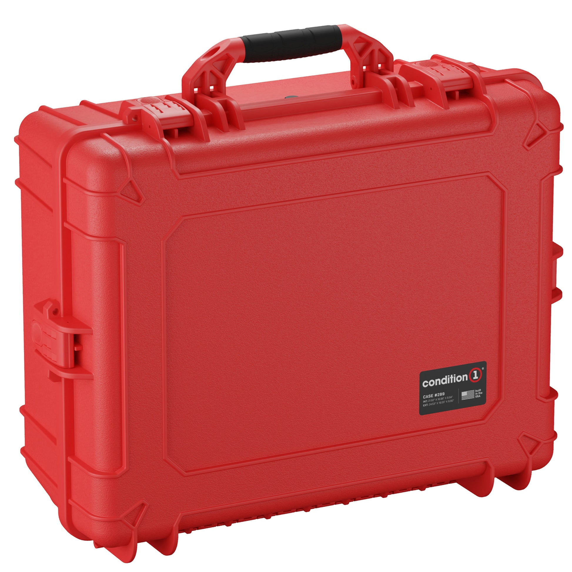 Alt text: "Bright red, 25-inch large hard case, model #289, with durable handles and secure locking mechanisms, ideal for protecting equipment."