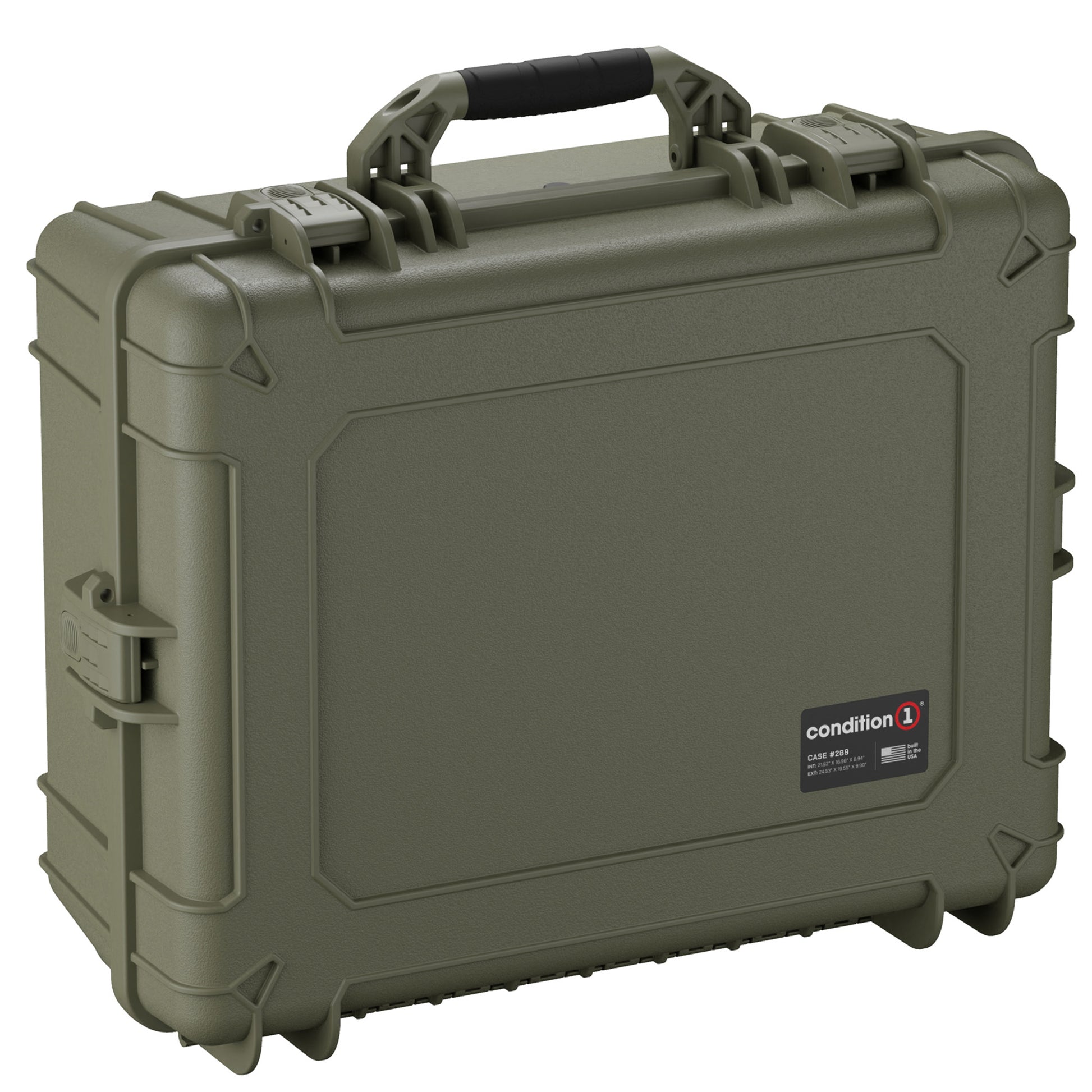 Alt text: "Olive green Condition 1 hard case, 25-inch large size, model #289, featuring sturdy handles and secure lock mechanisms for protective storage."