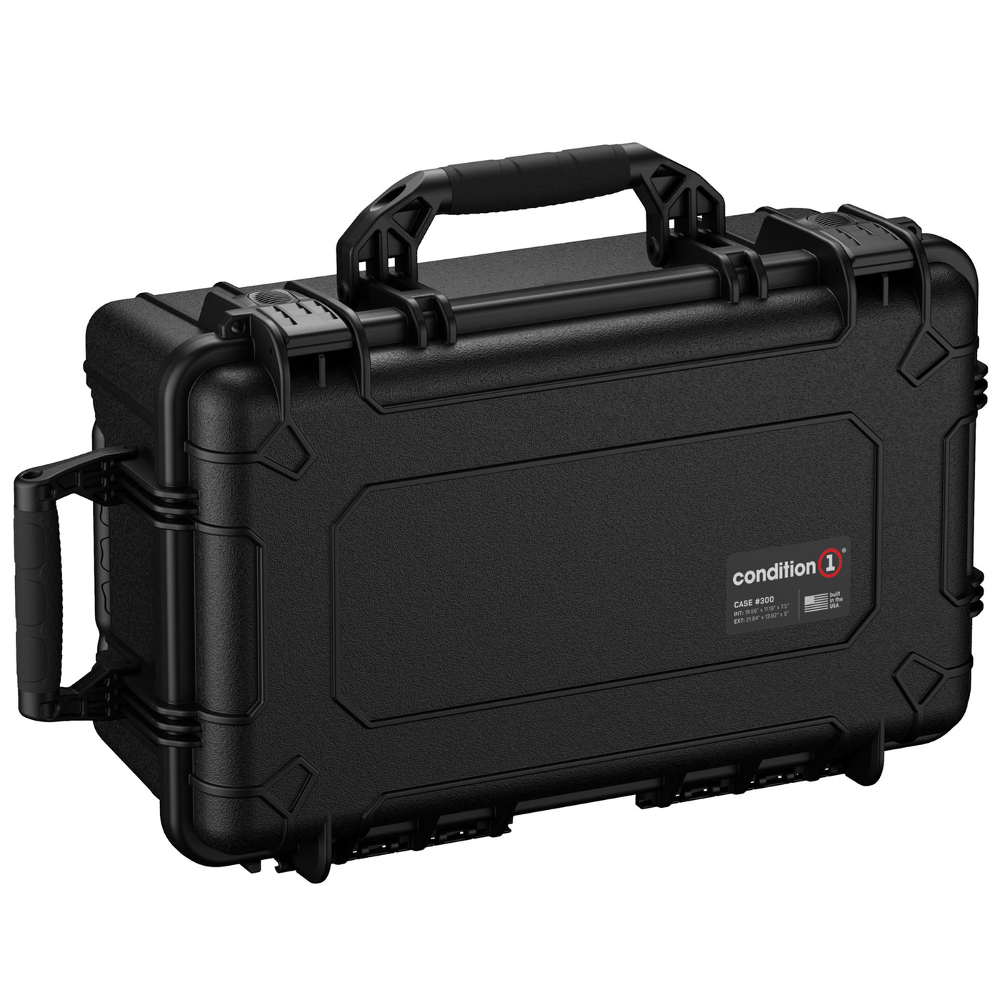 Alt text: "Black Condition 1 hard shell protective case, 22 inches, with rugged exterior, dual locking clasps, and side handle, model number 300."