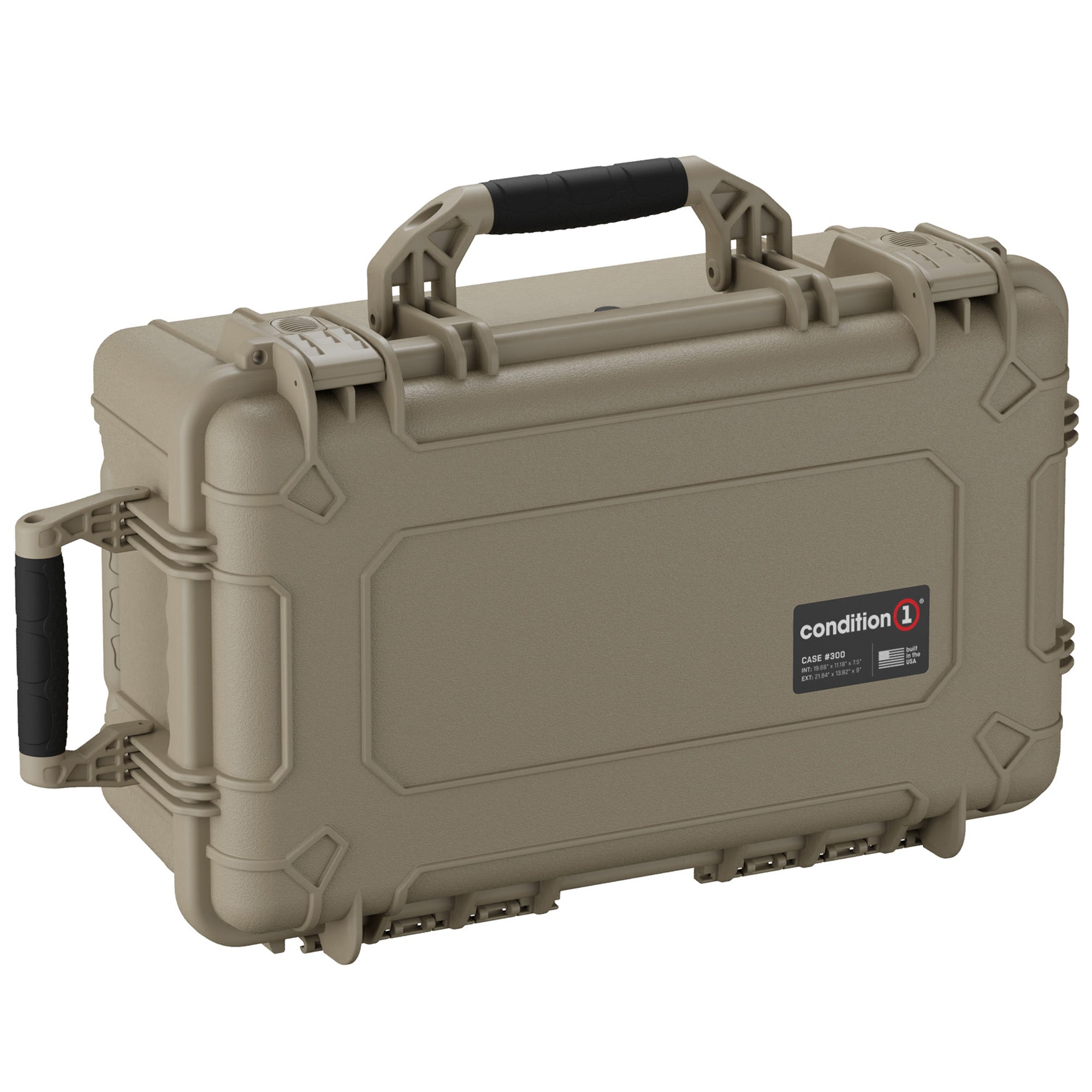 Alt text: "22-inch large tan protective hard case #300 with durable handle and lid organizer by Condition 1, designed for secure storage and transport."
