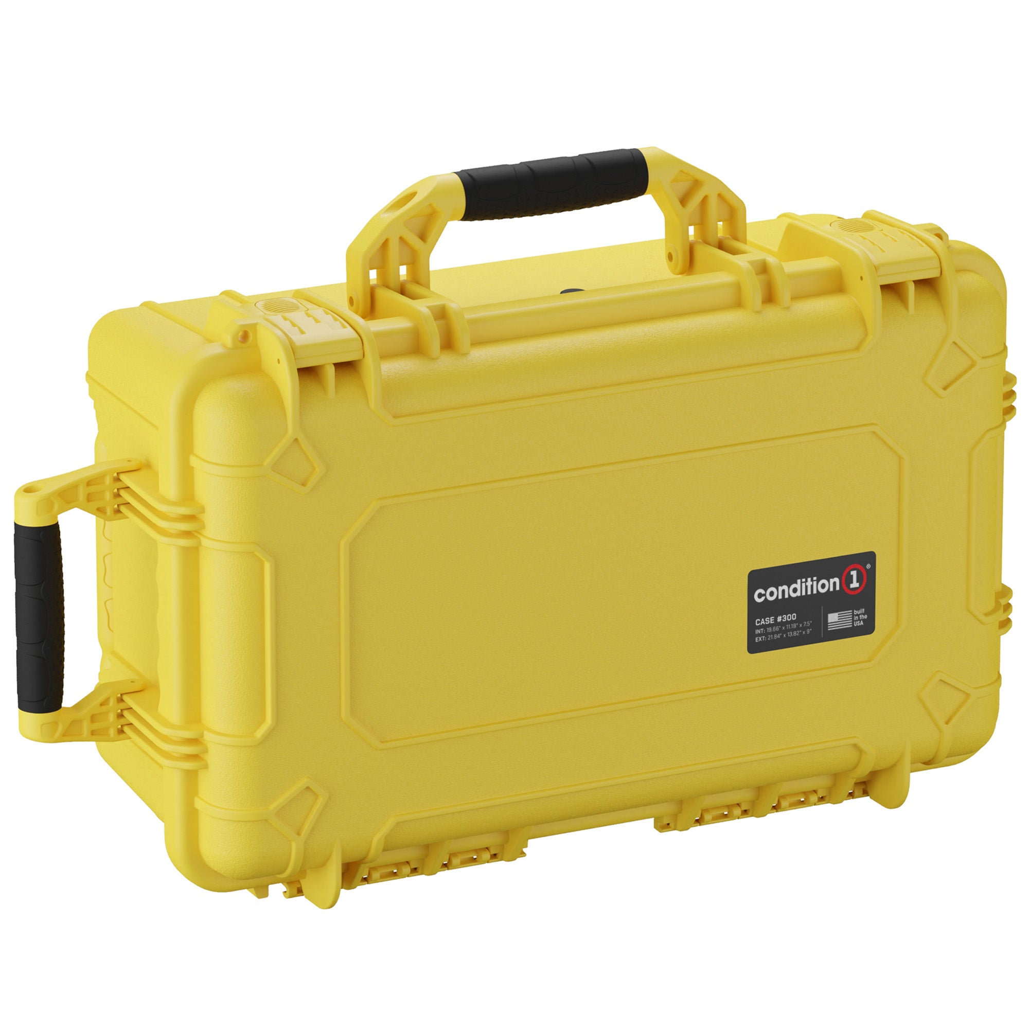 Bright yellow 22-inch large hard case, model #300, with lid organizer, featuring a black comfort-grip handle and durable locking clasps, designed for secure equipment storage.
