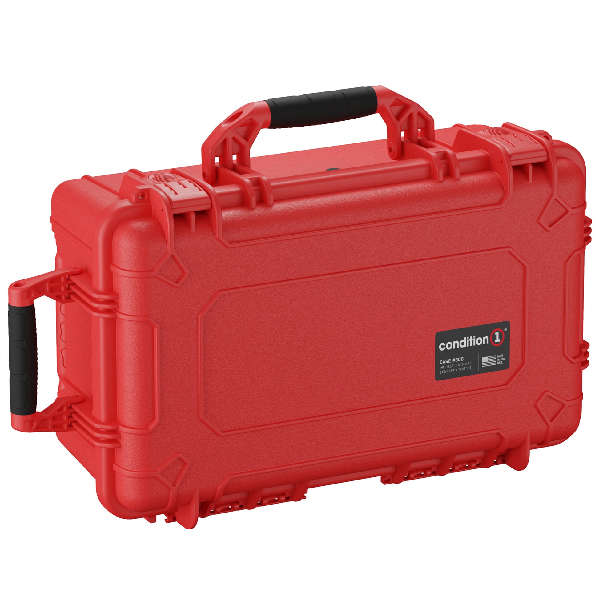 Alt text: Bright red, durable 22-inch large protective hard case model #300 with lid organizer, featuring a robust handle and secure latch closures for safety and portability.