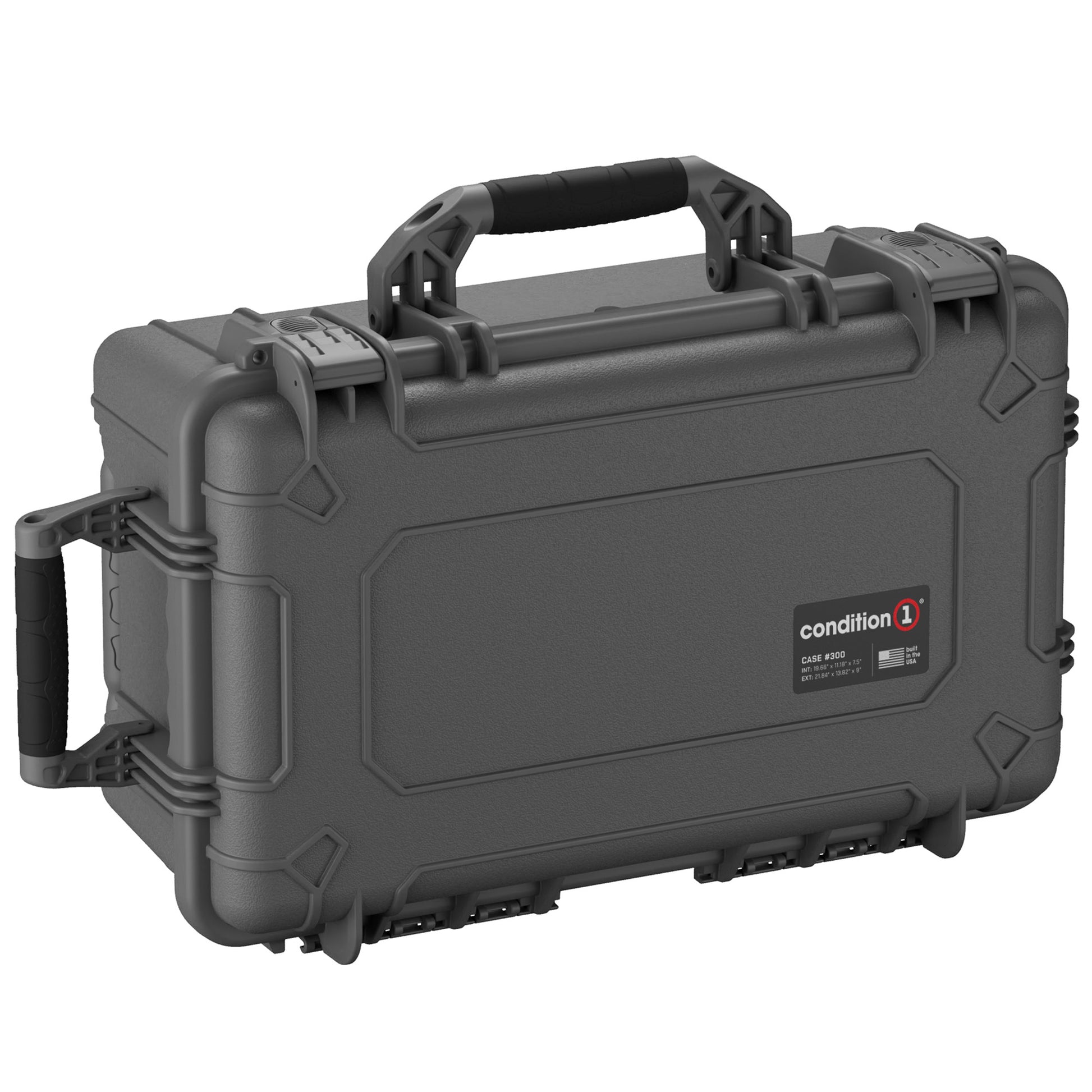 Alt text: "22-inch large, rugged gray protective hard case, model #300, with reinforced corners, a sturdy handle, and a branded label on the front displaying 'Condition 1'. Features dual locking clasps and a lid organizer for additional