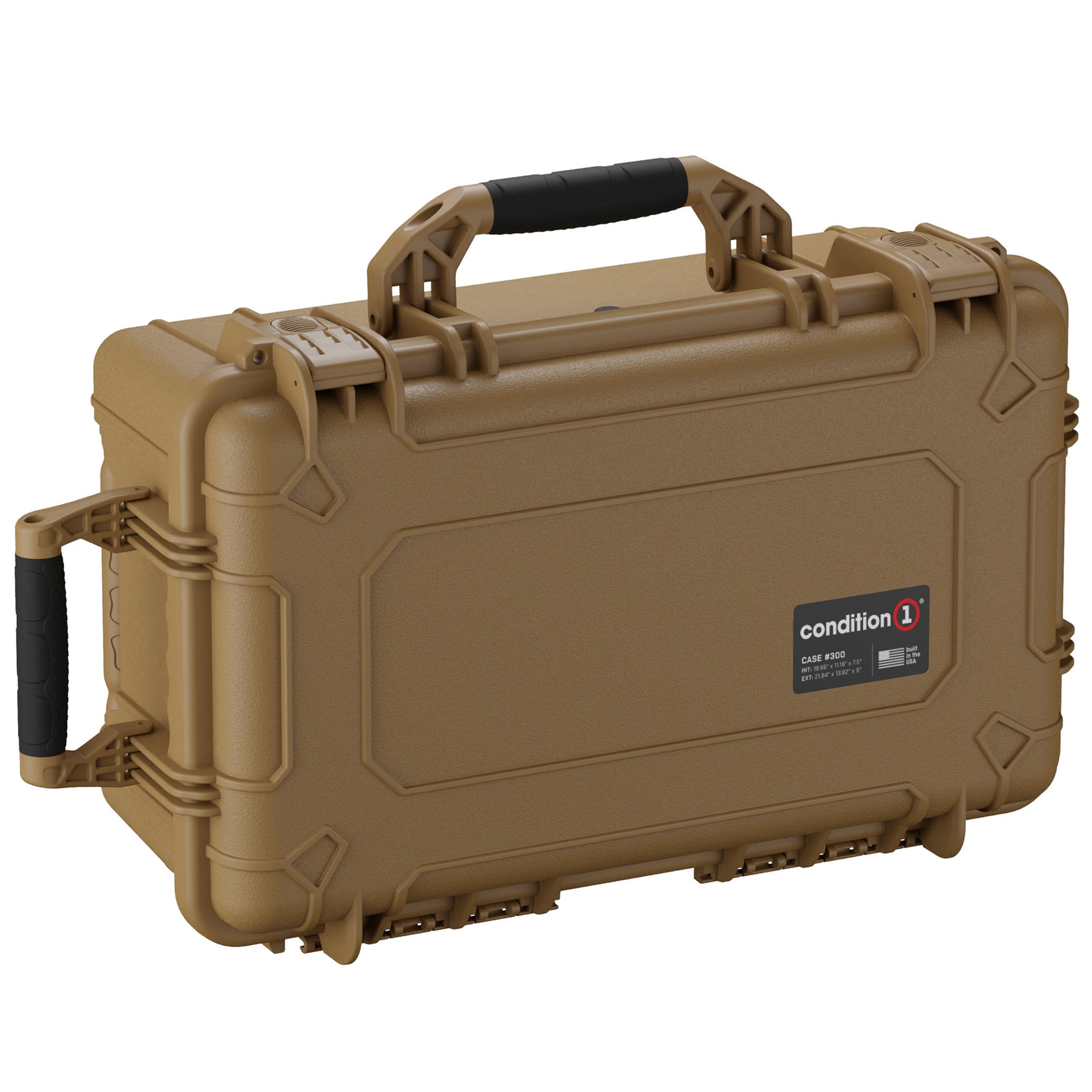 Alt text: "22-inch large, rugged tan protective case labeled 'Condition 1, Case #300', featuring reinforced corners, heavy-duty black handles, and a robust latching system."