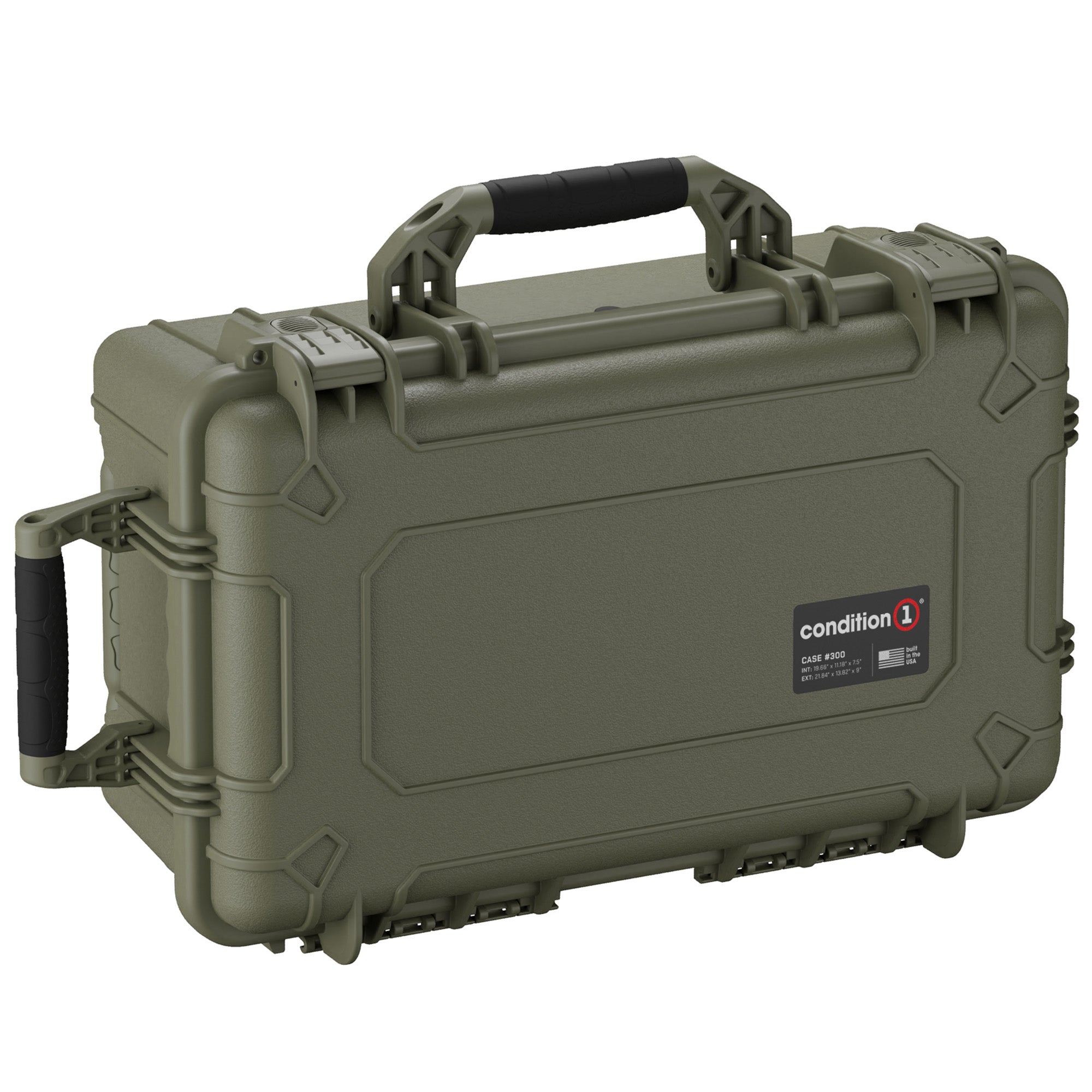 Olive green 22-inch large hard case (#300) with a lid organizer, featuring a sturdy handle, secure latches, and reinforced corners for durability.