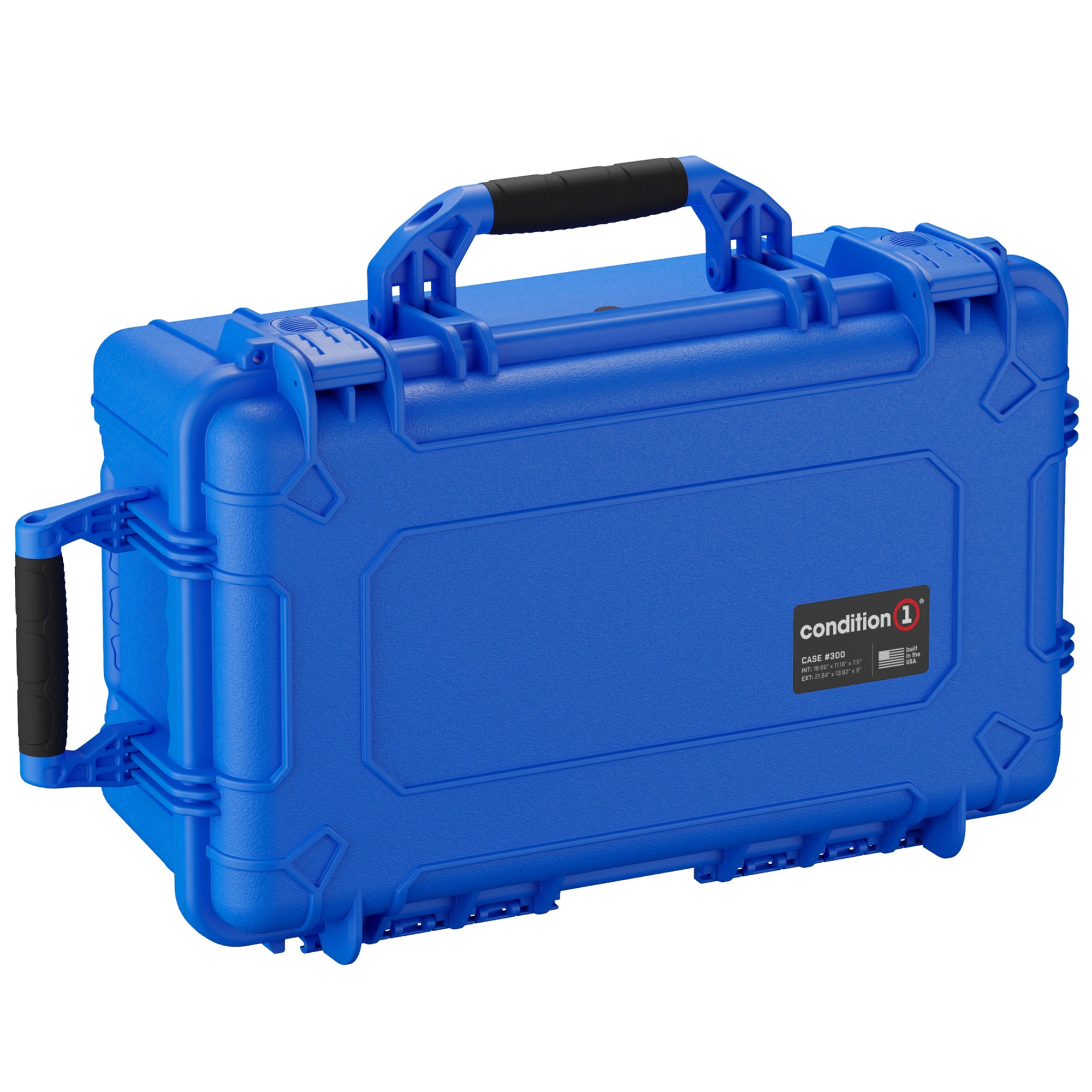 Alt text: Bright blue, durable 22-inch large hard case (#300) with a robust handle and secured lid organizer, featuring heavy-duty latches and reinforced corners for protection.