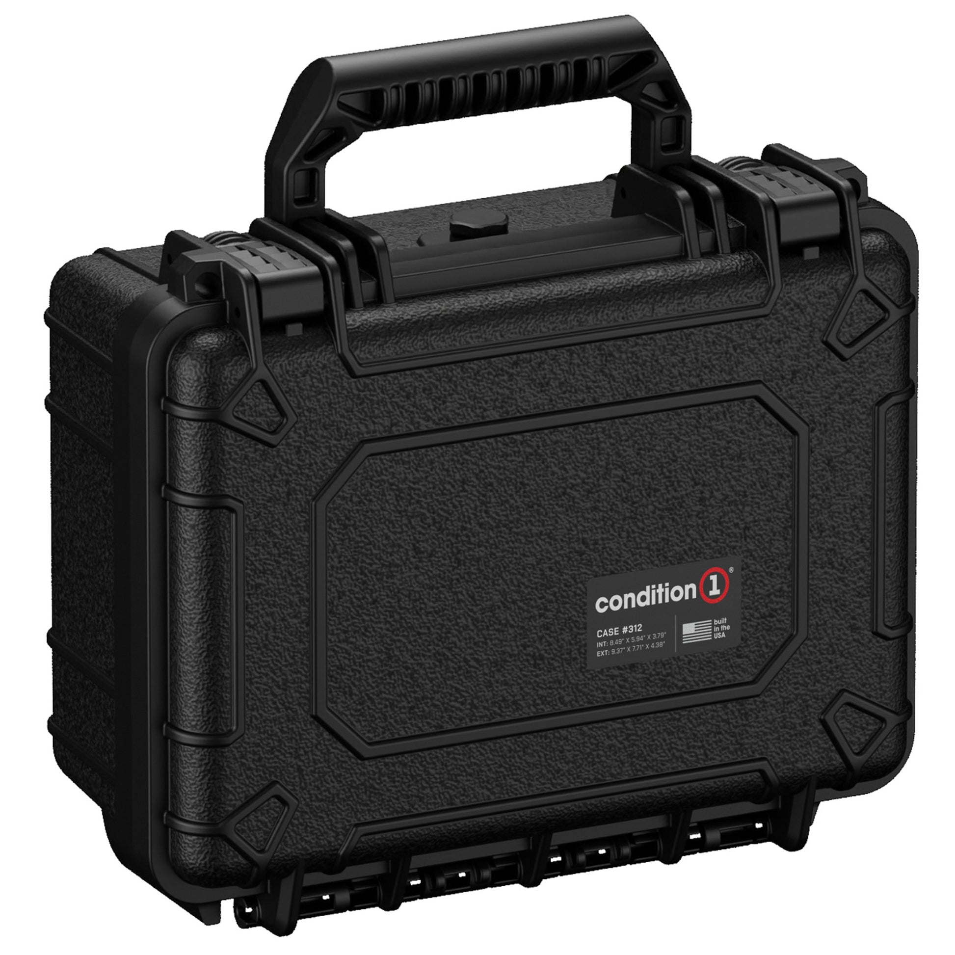 Alt text: "Black rugged hard case, Condition 1 brand, model number 312, with durable handle and secure latches, suitable for protective storage and transportation of sensitive equipment."