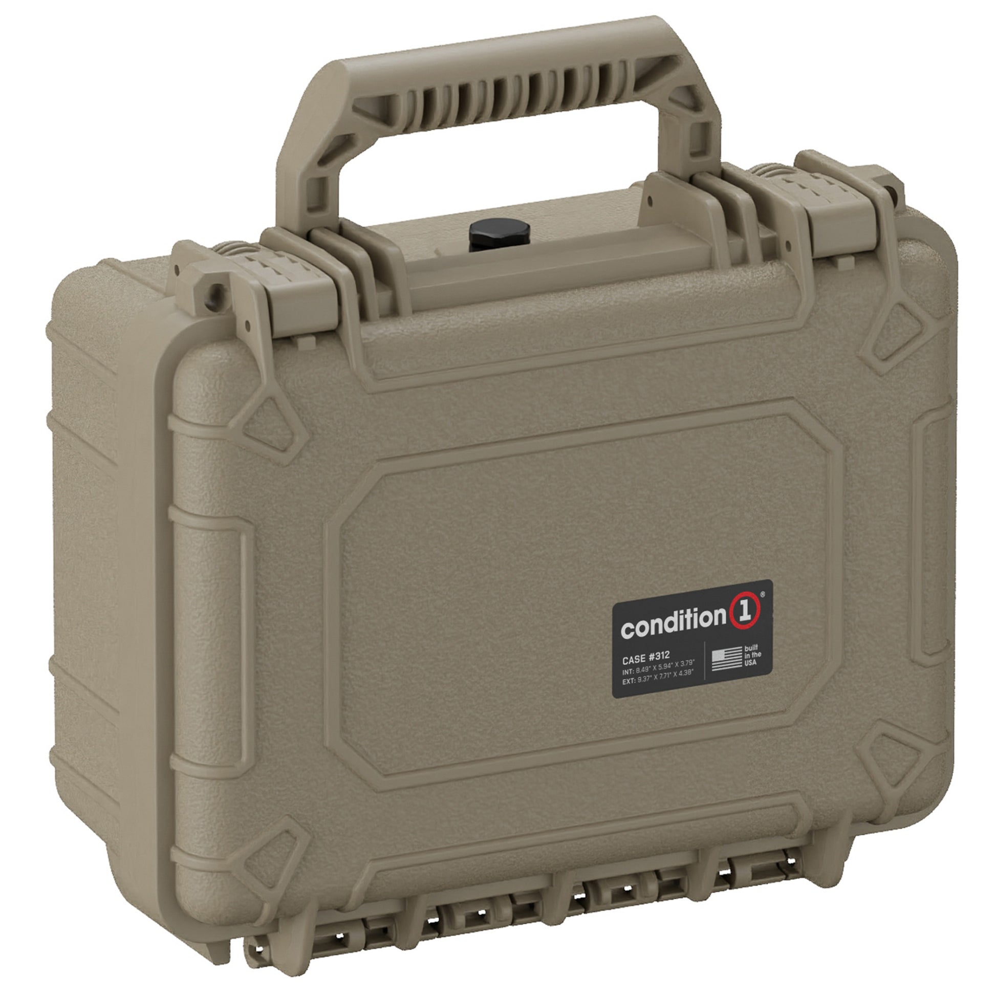 Alt text: "Desert tan Condition 1 hard case, model #312, 10 inch small size, featuring sturdy handle and secure latches, displayed from a side angle."