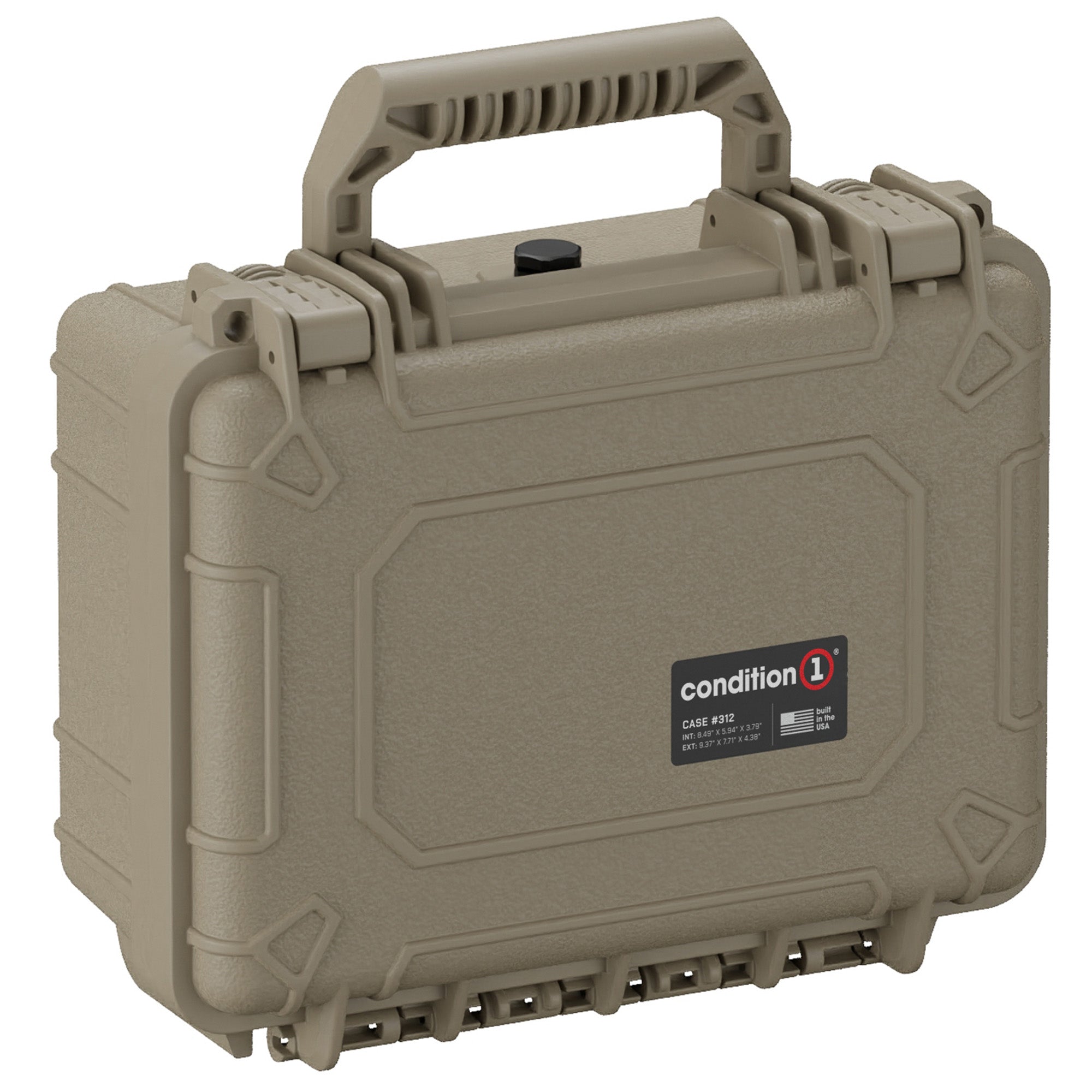 Alt text: "Desert tan Condition 1 hard case, model #312, 10 inch small size, featuring sturdy handle and secure latches, displayed from a side angle."