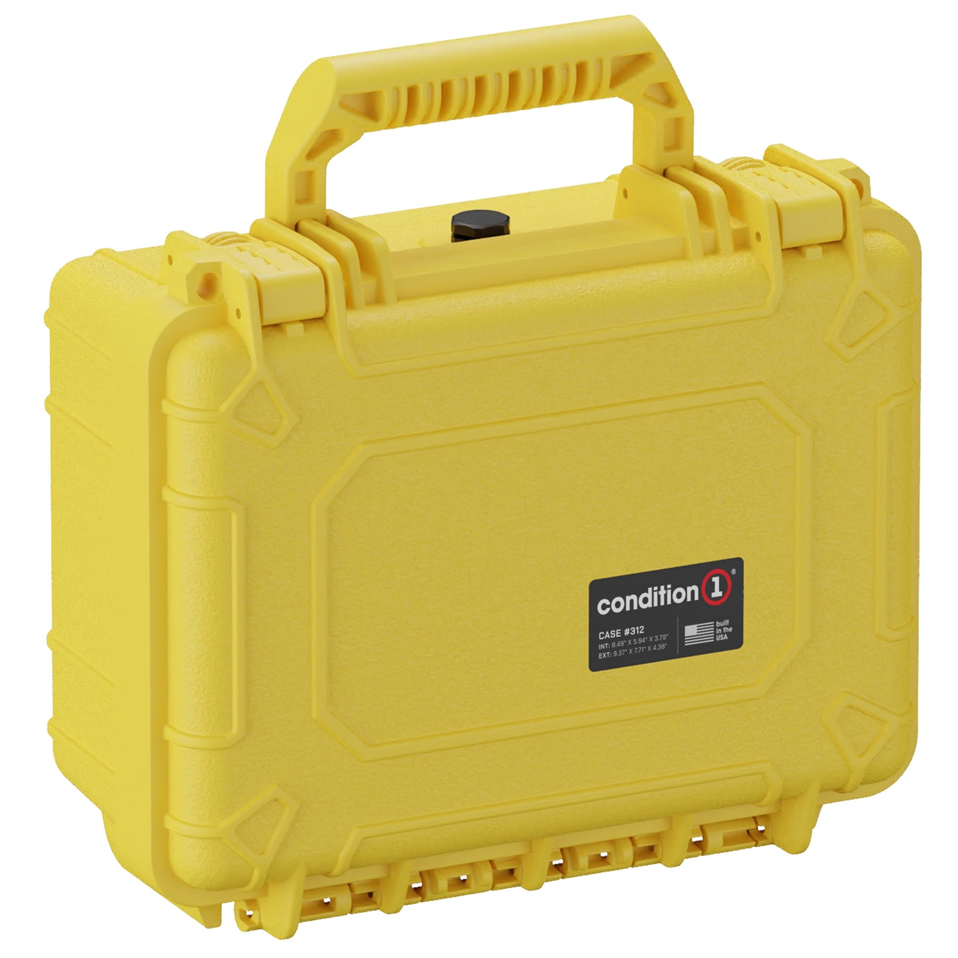 Alt text: Yellow 10-inch small protective hard case, model #312 by Condition 1, featuring sturdy handle and secure clasps, suitable for safe storage and transportation of sensitive items.