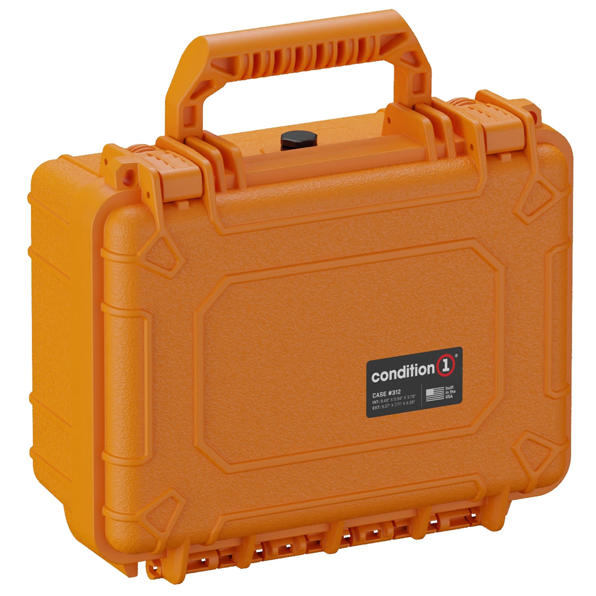 Bright orange, 10-inch small protective hard case, model #312, with rugged exterior, durable handle and secure latch closures.