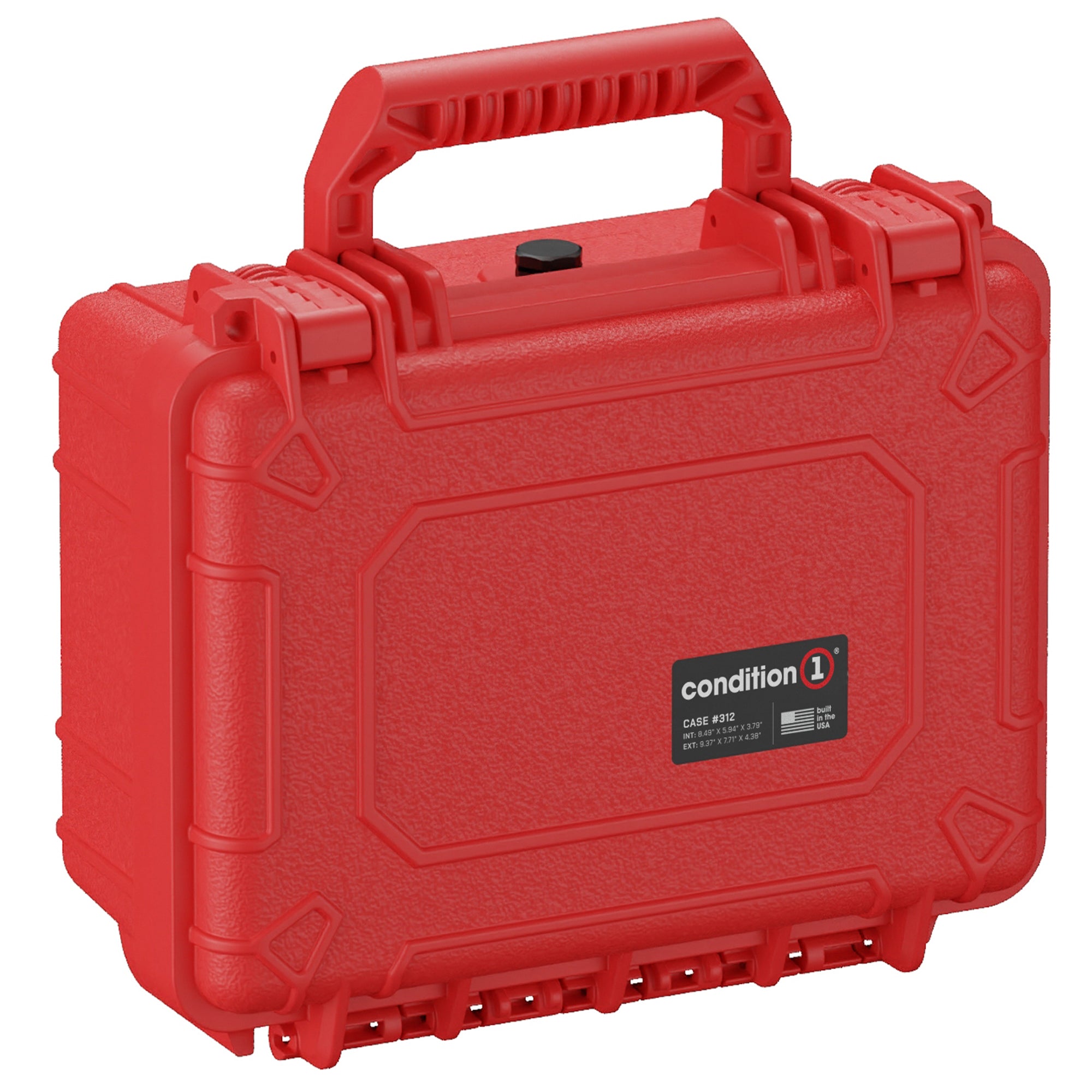 Red 10-inch small hard case #312 with sturdy handle and secure latch locks, featuring Condition 1 brand logo on the front.
