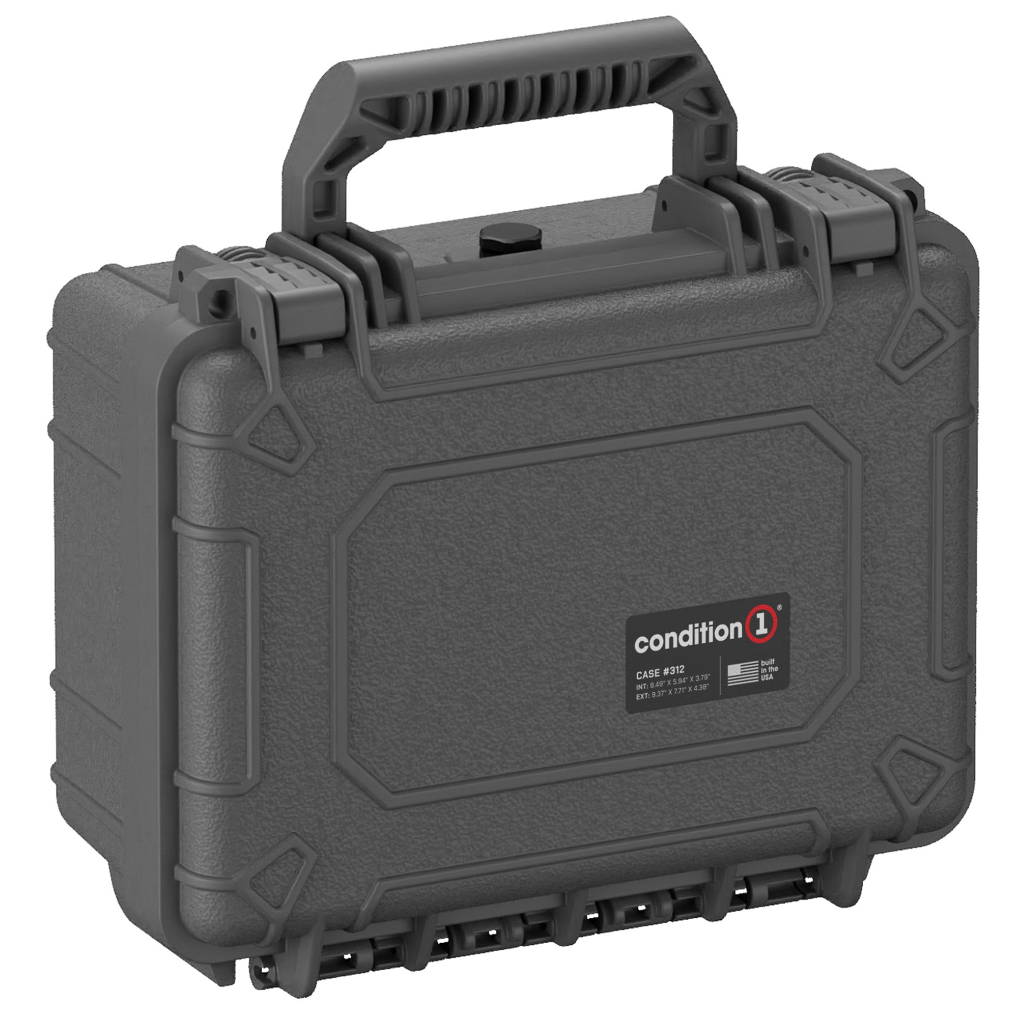 Alt text: "Condition 1 small hard case, model number 312, in gray with dual latch system and a rugged handle, measuring 10 inches."