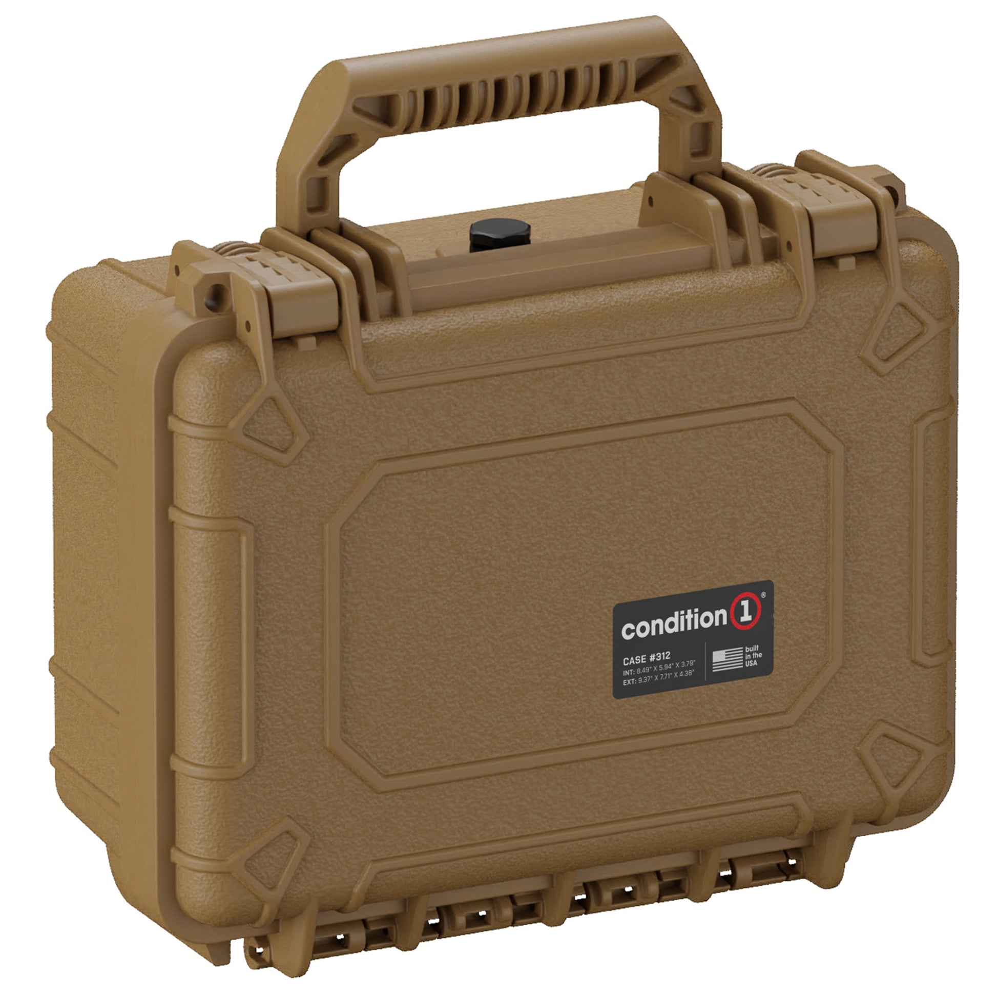 Alt text: "Sturdy tan 10-inch Condition 1 small hard case, model #312, featuring reinforced corners, rugged handle, and secure latch closures for extra protection."