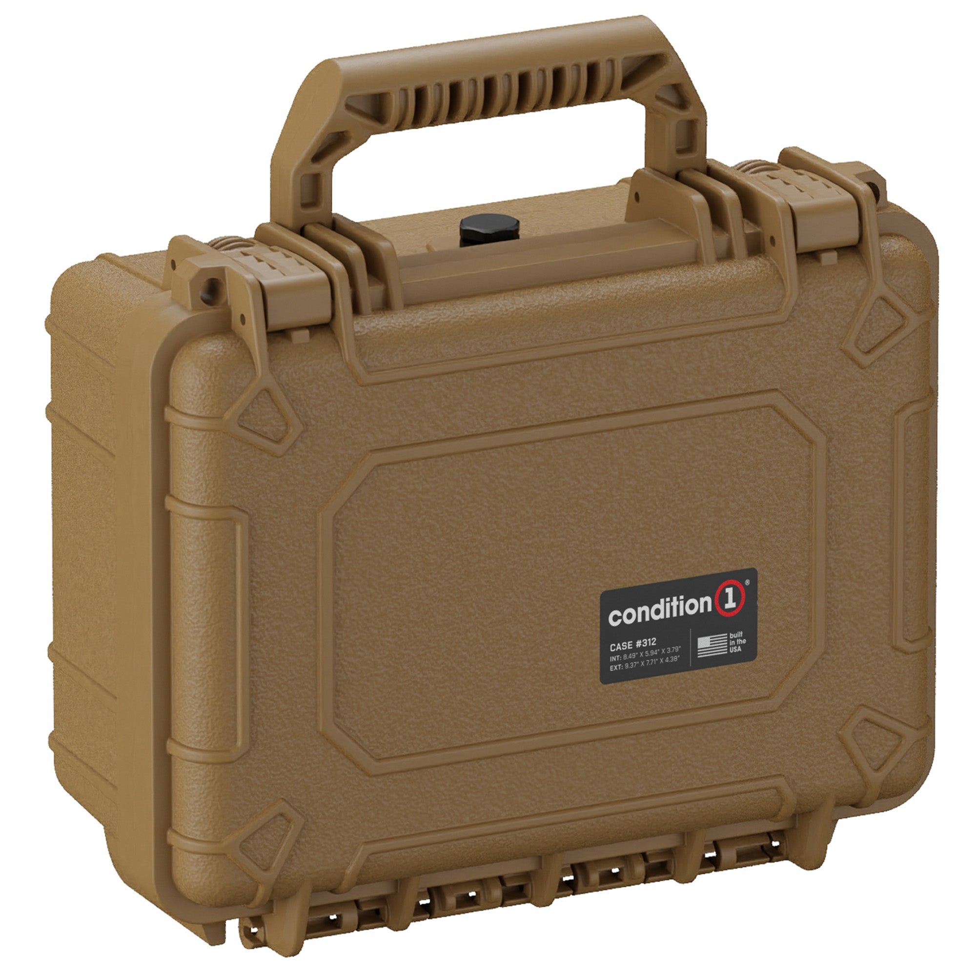 Alt text: "Sturdy tan 10-inch Condition 1 small hard case, model #312, featuring reinforced corners, rugged handle, and secure latch closures for extra protection."