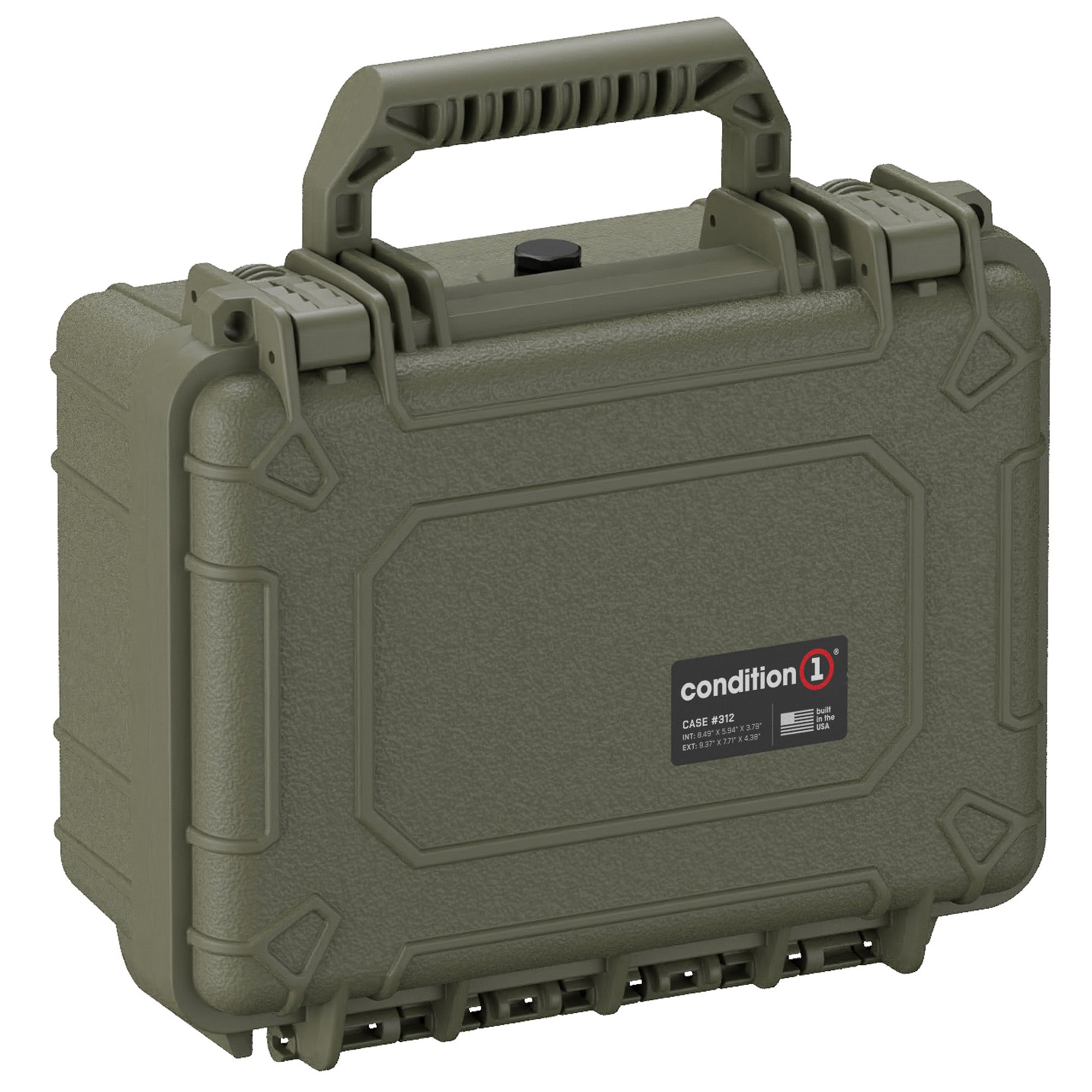 Alt text: Olive green, hard-shell protective case, model Condition 1 Case #312, featuring durable clasps and a rugged handle.