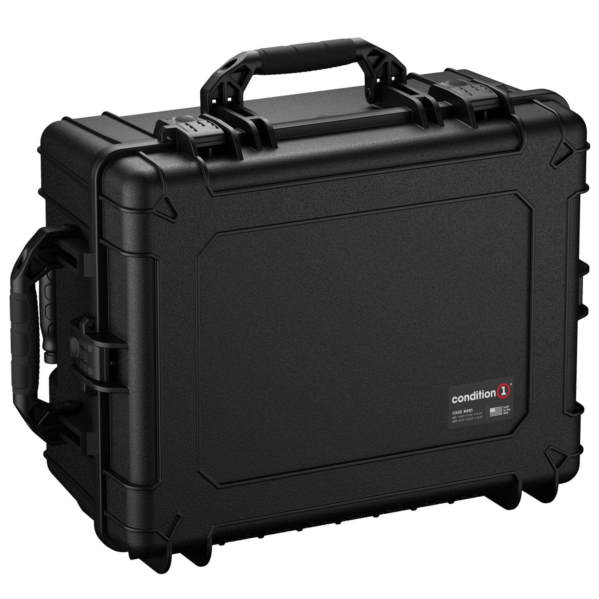 Alt text: Large black protective hard case with sturdy handle and reinforced corners, labeled "Condition 1, #991", suitable for secure equipment storage and transport.