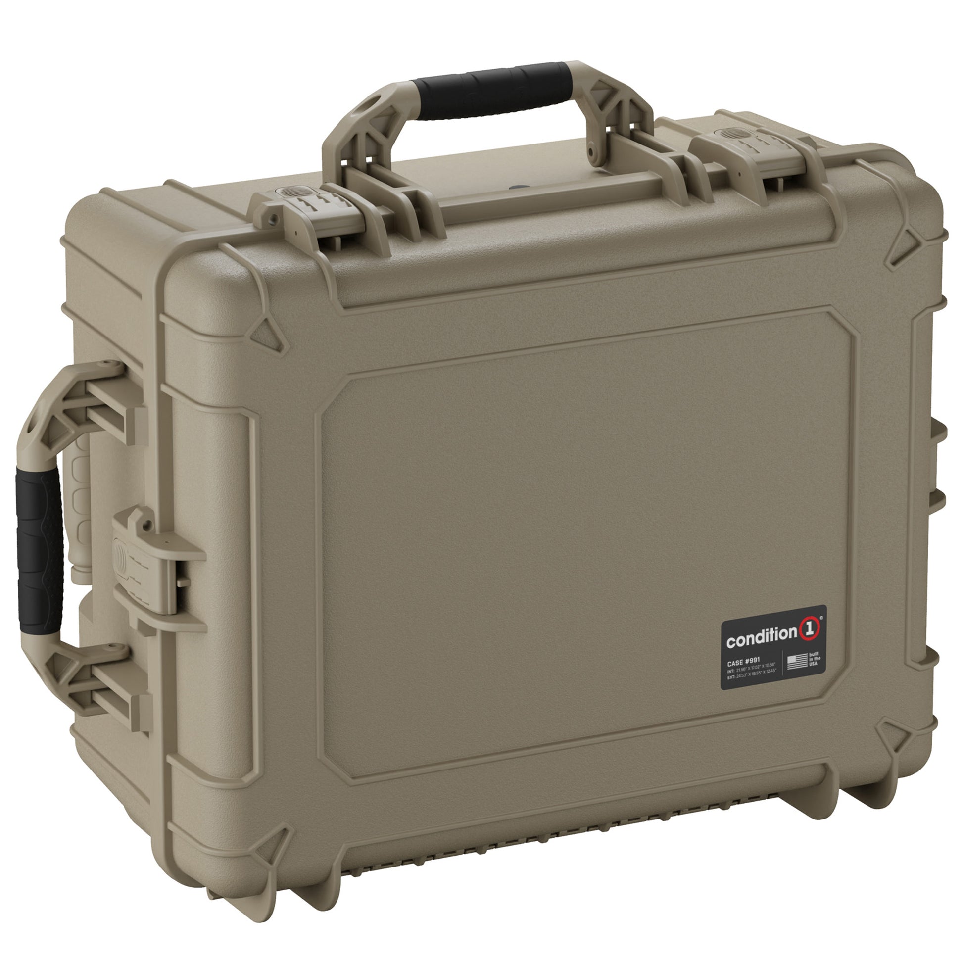 Alt text: "Large 25-inch tan hard case with durable handle and secure locking mechanisms, labeled Condition 1, model #991."