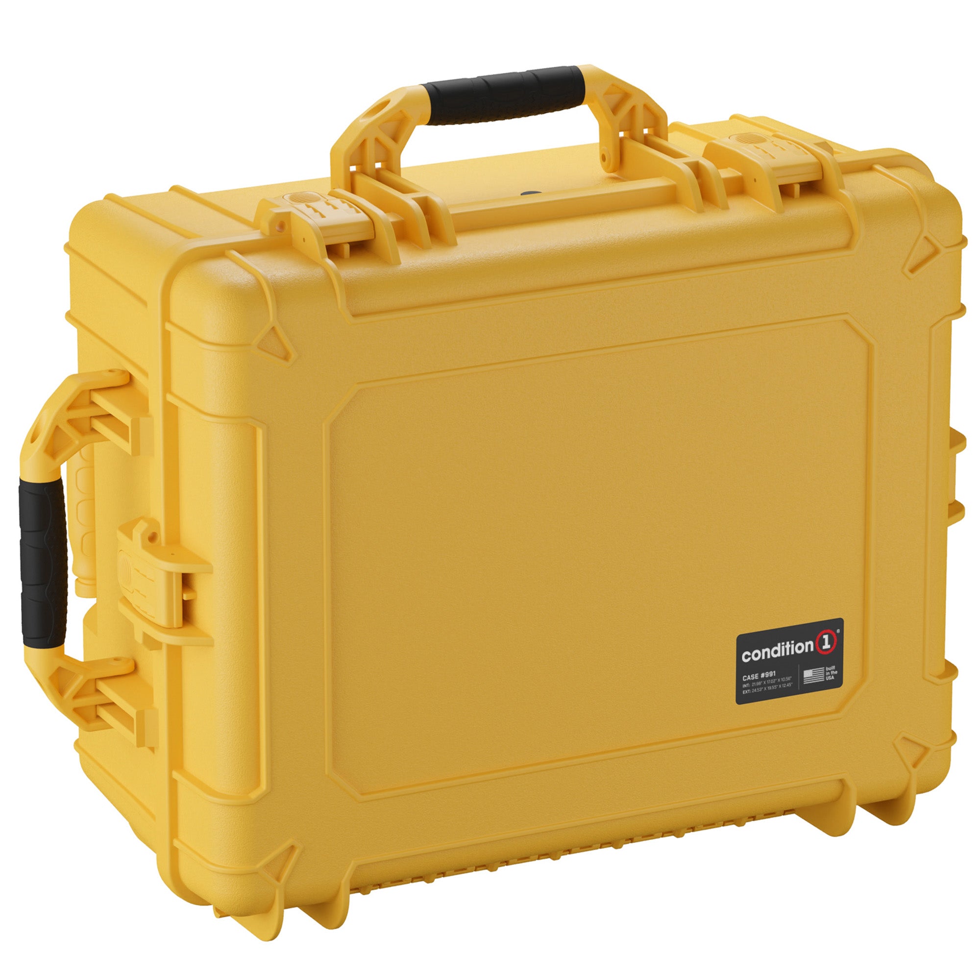 Yellow 25-inch large protective case with black handle and secure latches, designed for durable storage and transport.