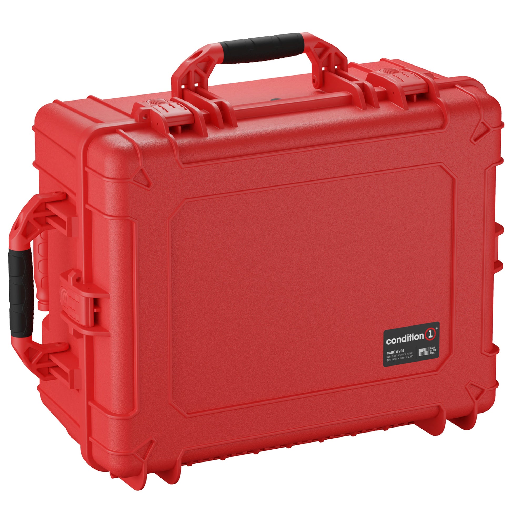 Alt text: "Bright red, rugged 25-inch large protective hard case, model #991, featuring reinforced corners, heavy-duty clasps, and a black comfort grip handle."